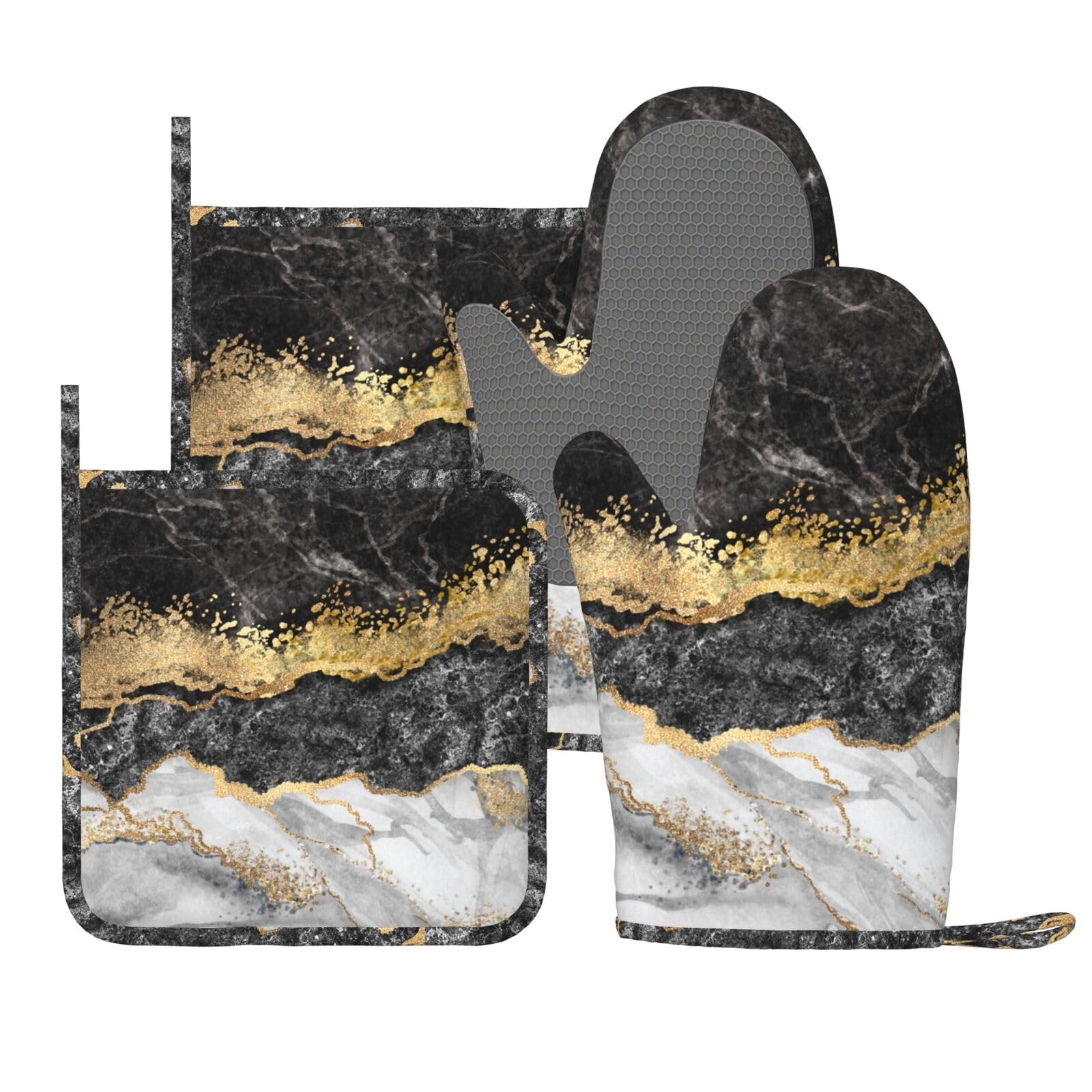 Juego de 4 Manoplas de Horno y Soportes para ollas de mármol Negro, Gris y Dorado, Guantes de Silicona Resistentes al Calor y Almohadillas Calientes para Cocina, Hornear, Asar, Barbacoa, Chef