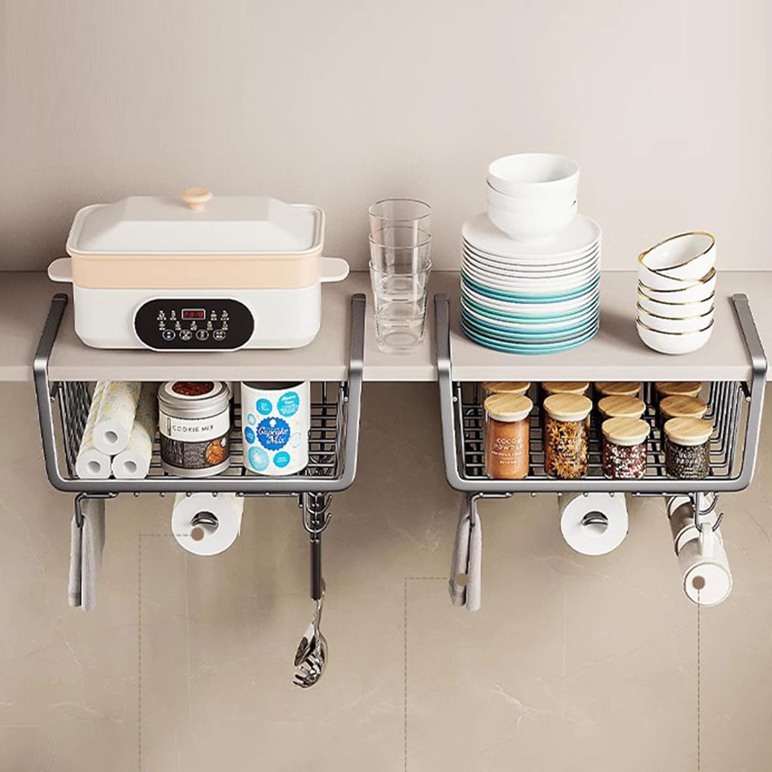 Dxcaicc Under Shelf Basket Kitchen Cabinet with Hooks,Hanging Basket Shelves,Kitchen Cabinet Organizer Storage,Large Capacity Undershelf Storage,Space Saving for Kitchen Counter Pantry,B