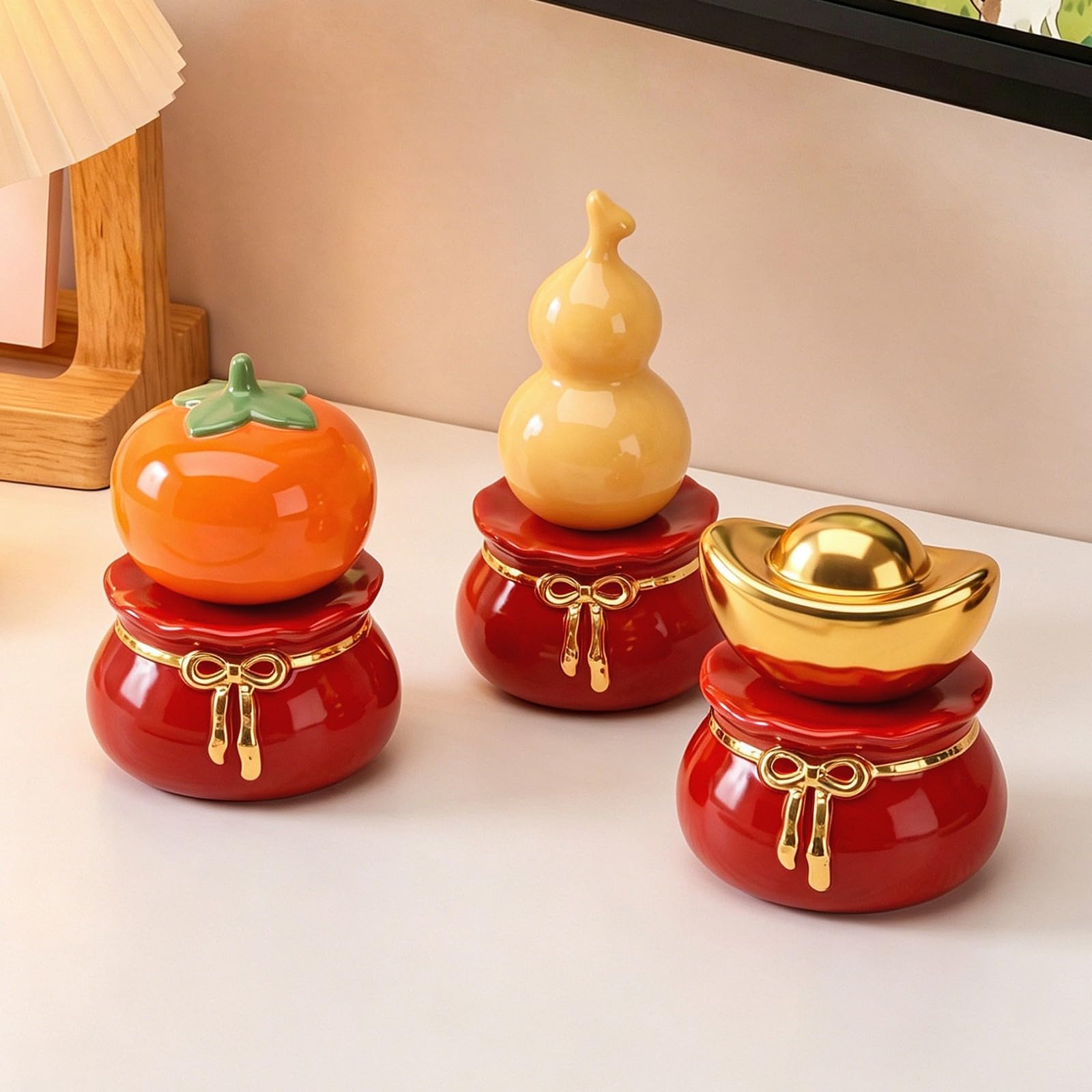 3 Piezas Adorno Cerámica con Detalle Dorado Compacta Figura Decorativa Brillante Decoración para Oficina