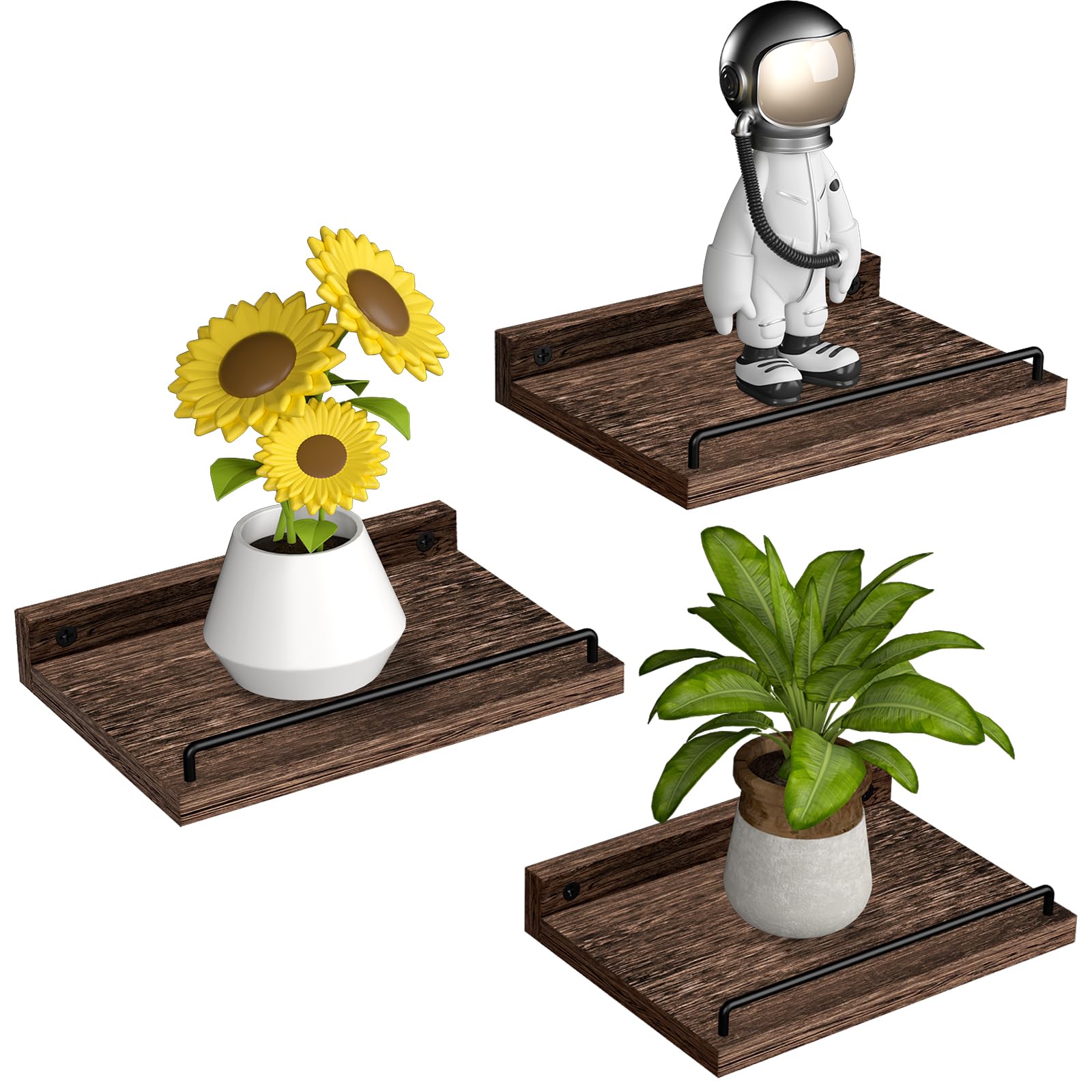 RYOFOBETTO Small Floating Shelf, 6 X 9 Inches Farmhouse Wall Shelves for Living Room, Bedroom, Picture Frames, Plants, Kitchen, Set of 3 (Brown)