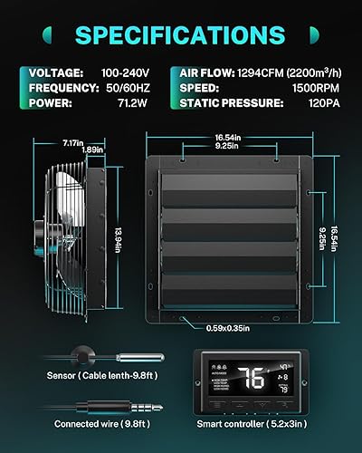 Miniatura 29 de HG Power Ventilador de escape de obturador mejorado de 10 pulgadas, ventilador de escape de cobertizo de bajo ruido 647CFM con pantalla de malla