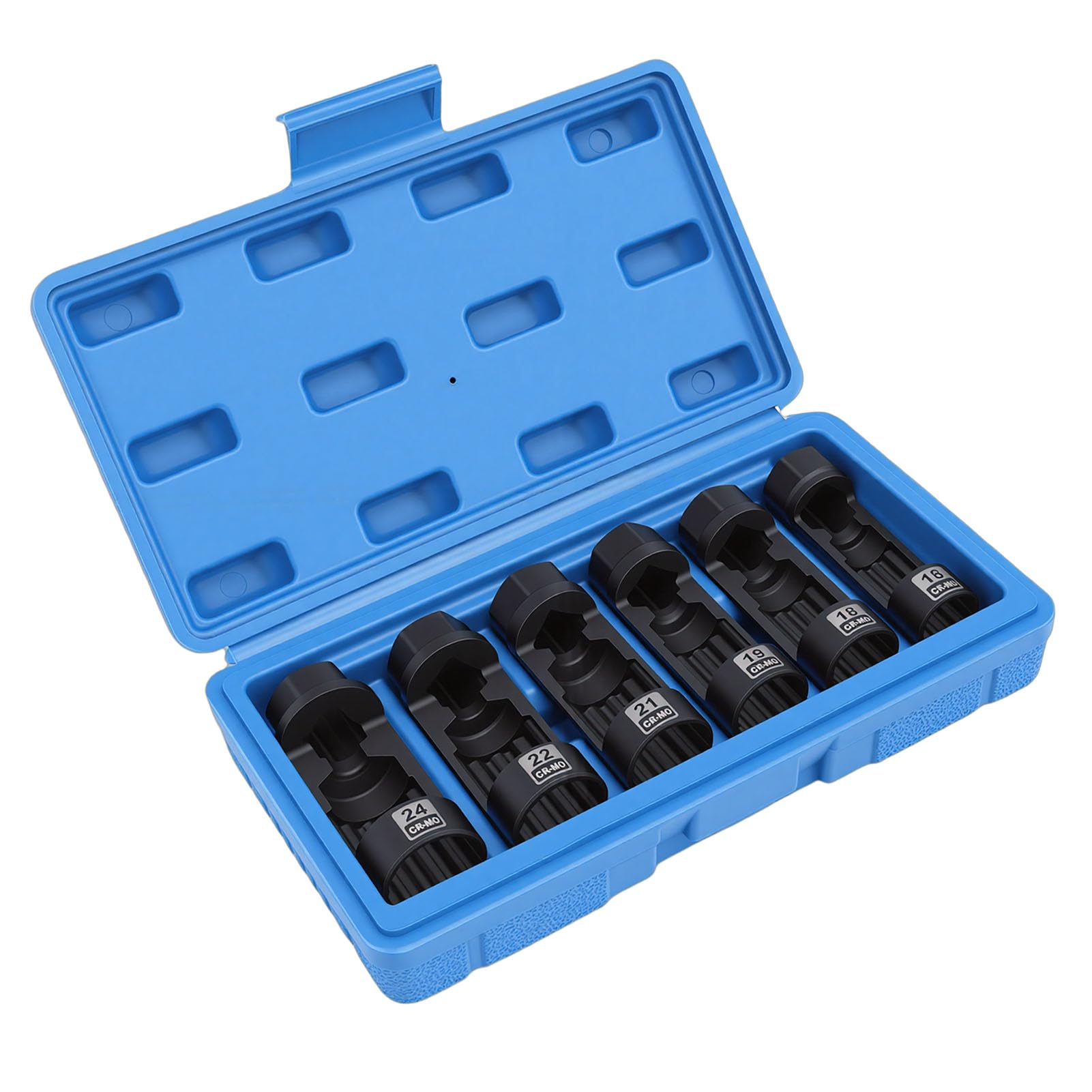 Fockety Set di Bussole per Dadi Puntone, 6 Pezzi 16mm 18mm 19mm 21mm 22mm 24mm 12 Punti 1/2 unità CRMO Bussola per Puntone Sospensione, Strumento Dado Ammortizzatore con Custodia per Riparazione