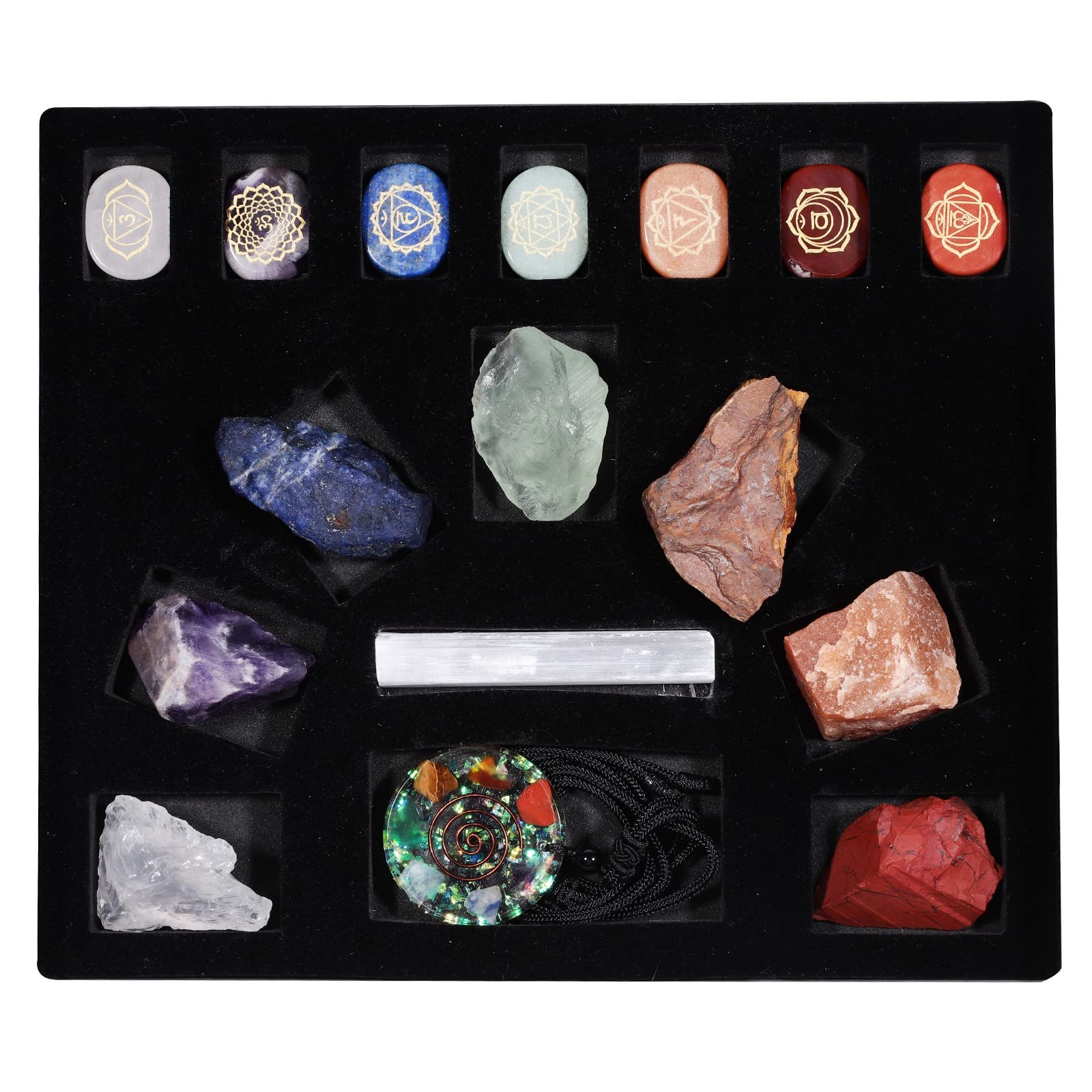 Cheungshing 16 PC Natural Therapy Starter Reiki Crystal Set for Beginner, Yoga Meditation, Kit Contains Polished Tumbled Engraved Symbols Stones, Raw Crystals, Selenite Stick, Orgone Pendant Necklace