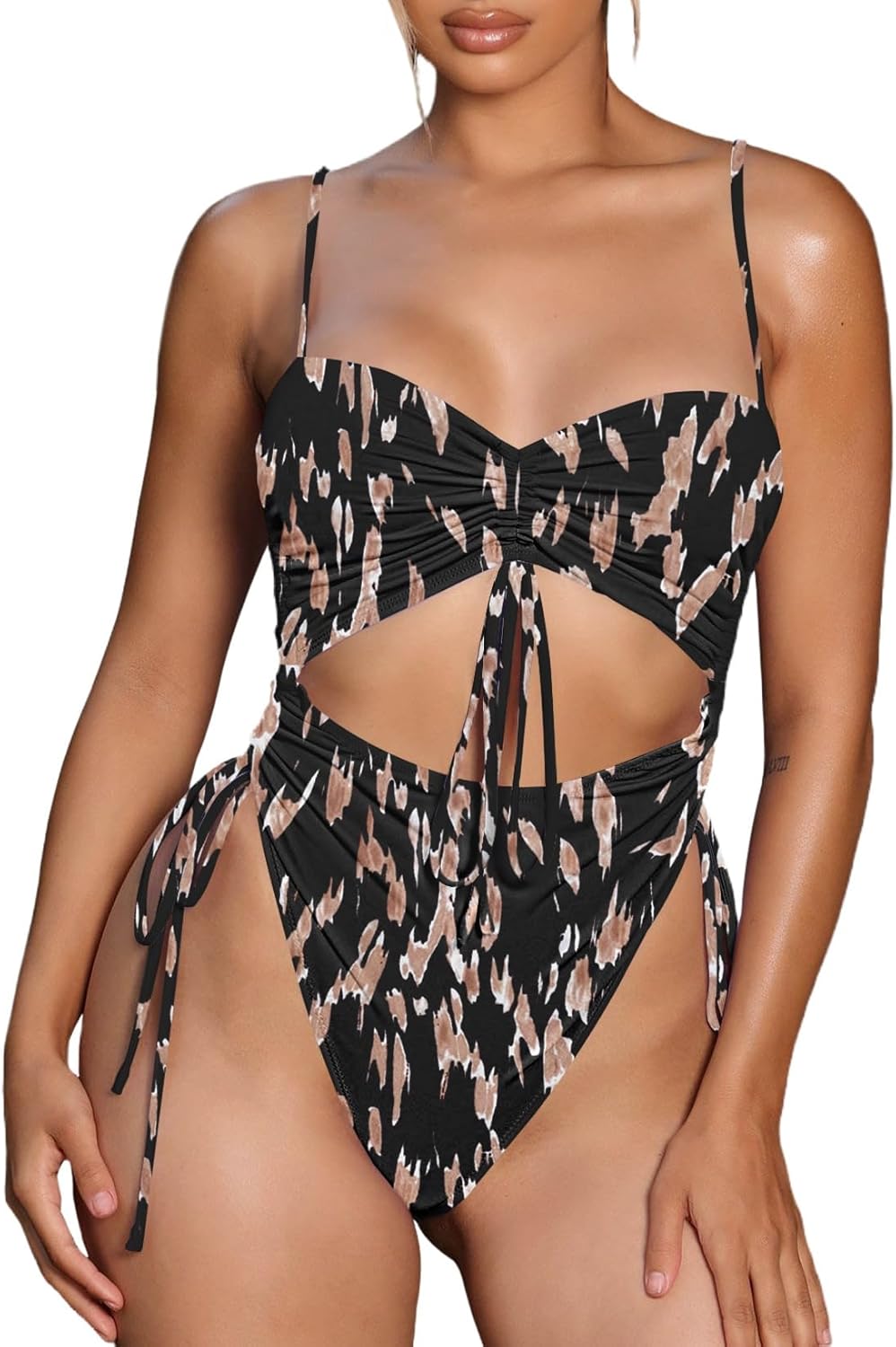 Viottiset Women's Cut Out Drawstring One Piece Swimsuit Cheeky High Cut Bathing Suit