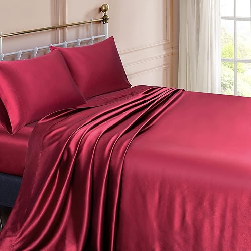 Miniatura 2 de Vonty Satin Sheets Queen Size Silky Soft Satin Bed Sheets Burgundy Sheet Set, 1 Deep Pocket Fitted Sheet + 1 Flat Sheet + 2 Pillowcases