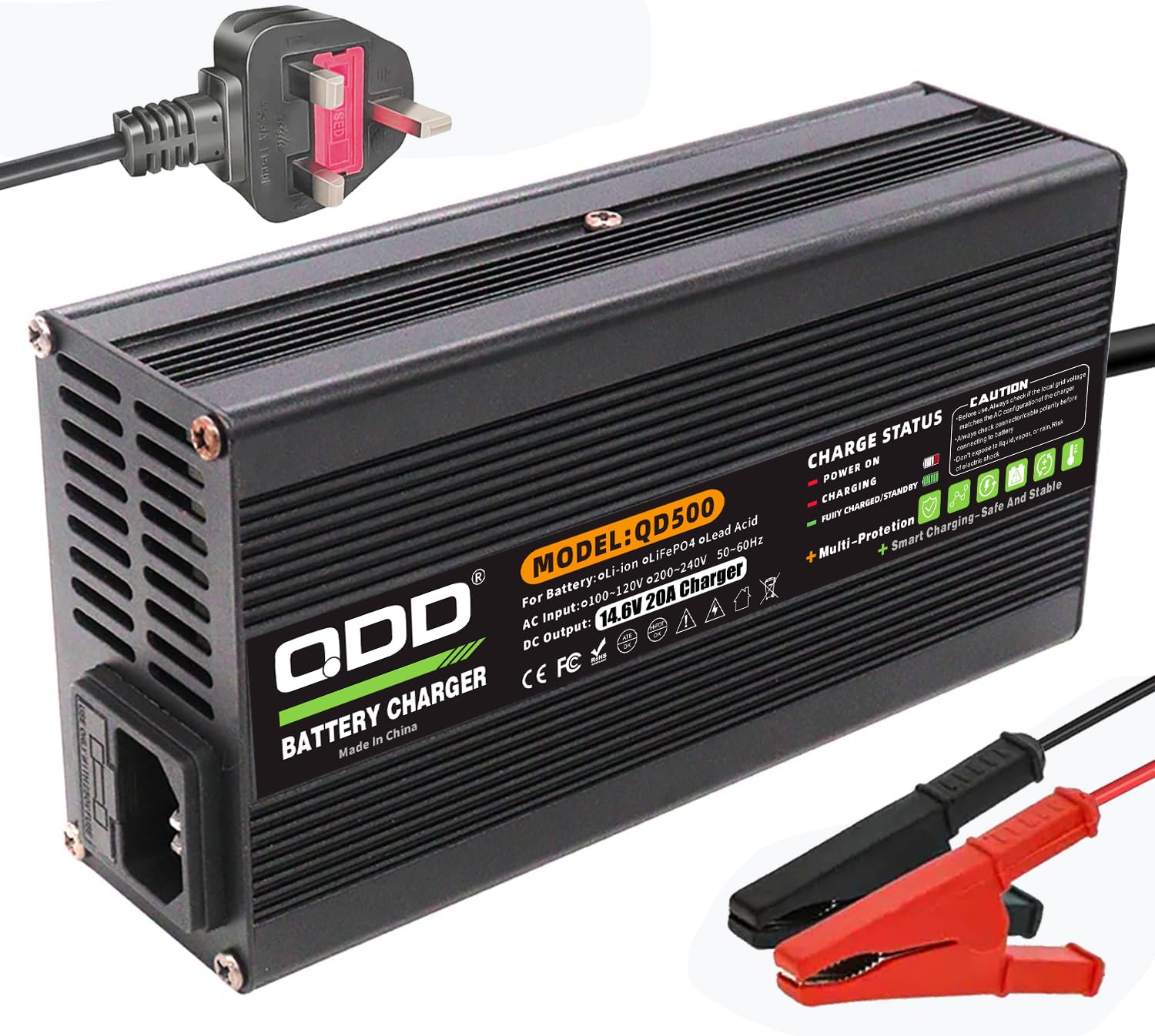 QDD Caricatore intelligente di manutenzione della batteria 12V 20A 14.6V Litio LiFePO4 Caricabatteria per barche camper, veicoli commerciali, batterie ricaricabili a ciclo profondo