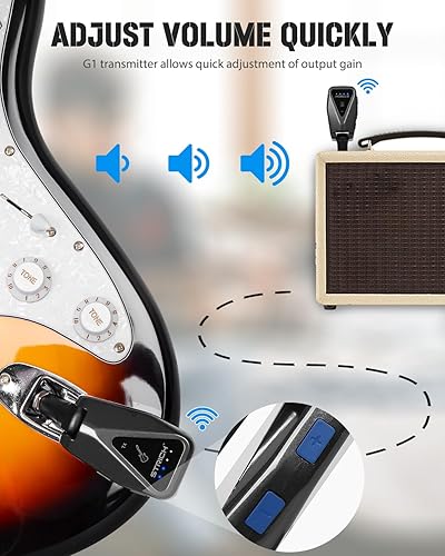 Miniatura 5 de STRICH Sistema de guitarra inalámbrico G1 UHF canal de audio recargable, receptor transmisor inalámbrico de 164 pies de alcance con diseño de
