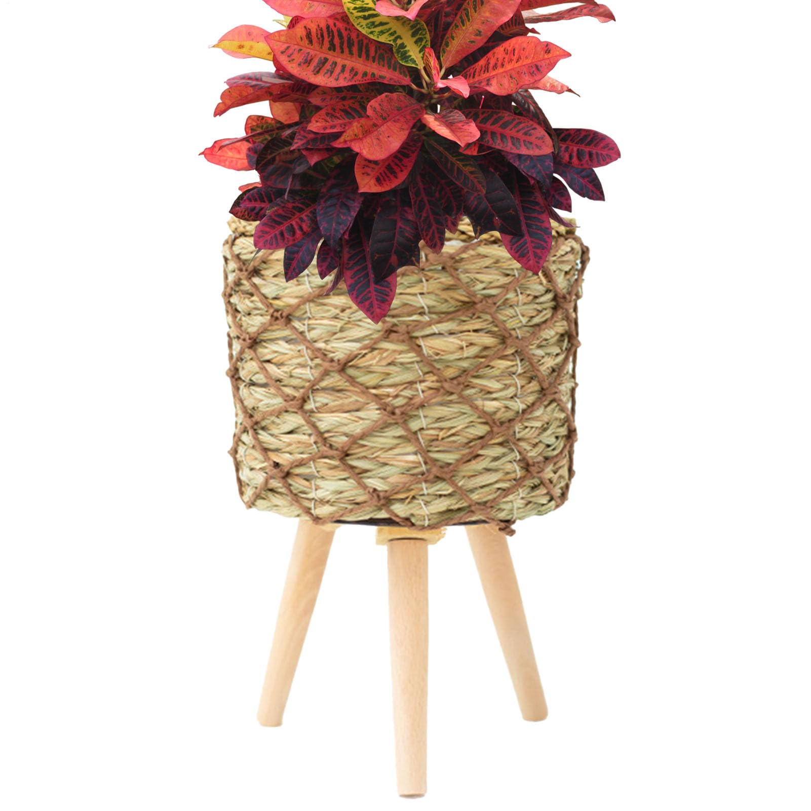 Fioriera intrecciata – Vaso per fiori da interno, cesto con 3 gambe in | legno, supporto decorativo per piante, elegante supporto per vasi di fiori rialzato, design artigianale in rattan resistente,