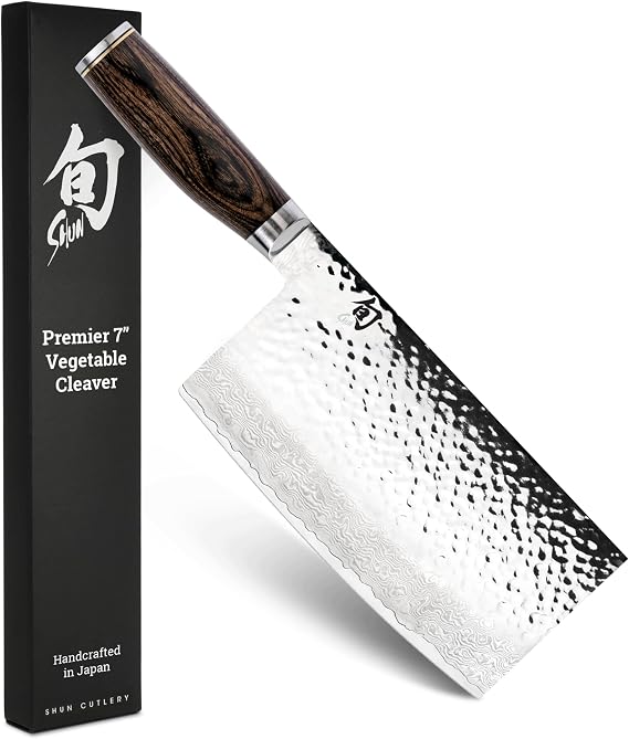 Shun Premier 7 Vegetable Cleaver, Handcrafted Japanese Knife, VG-MAX Core with Damascus Stainless Steel Cladding, Pakkawood Handle, Chinese Cleaver for Processing Large Vegetables | Handcrafted Japanese Knife, VG-MAX Core, Damascus Stainless Steel Cladding, Pakkawood Handle
