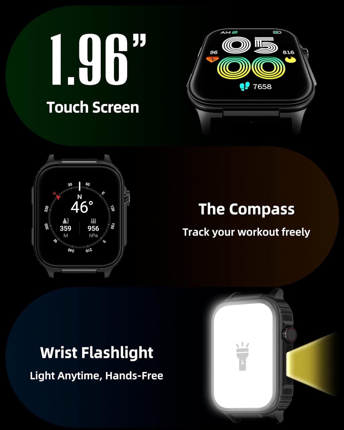 Parsonver GPS Smart Watch for Men (Answer/Make Calls), Built-in Flashlight & Compass, 400+ Watch Faces, Fitness Tracker 100+ Sport Modes, Heart Rate Sleep Monitor, Smartwatch for Android iPhone, Black