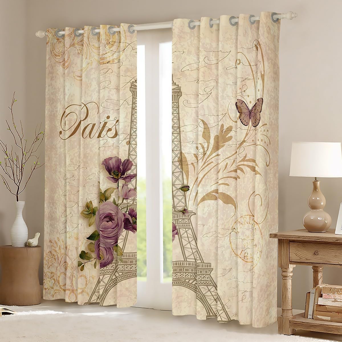 Eiffel Tower Window Curtains,Purple Rose Curtain,Romantic Paris Window Drapes for Kids Teens Boys Young Man,Modern Bedroom Decorative,Retro Style Curtain,38Wx45L