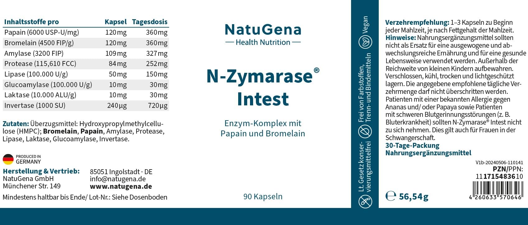 NatuGena N-Zymarase Intest, natürlicher Enzym-Komplex mit Papain und Bromelain, Verdauungsenzyme, 90 Kapseln (30 Tage Packung)