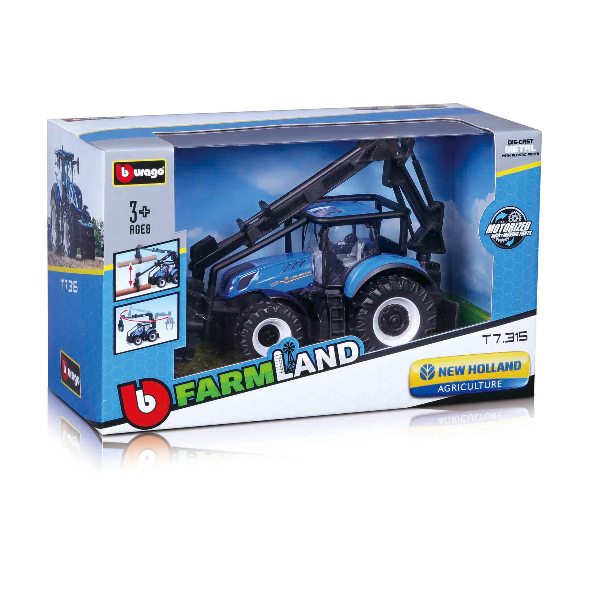 Bburago B18-31669 Trattore New Holland T7.315 pressofuso con caricatore frontale funzionante e veicolo a 3 LOGS, verde