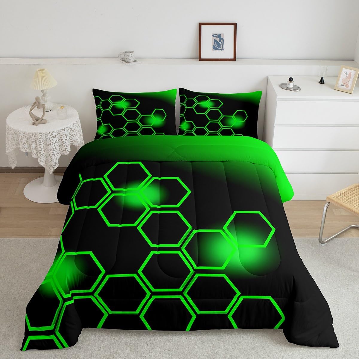 Feelyou Green and Black Bedding Set King Size Honeycomb Comforter Set for Kids Boys Girls Decor Geometrical Comforter Beehive Geometric Pattern Green Duvet Set Bedroom Quilt Set Multi 08 Kin