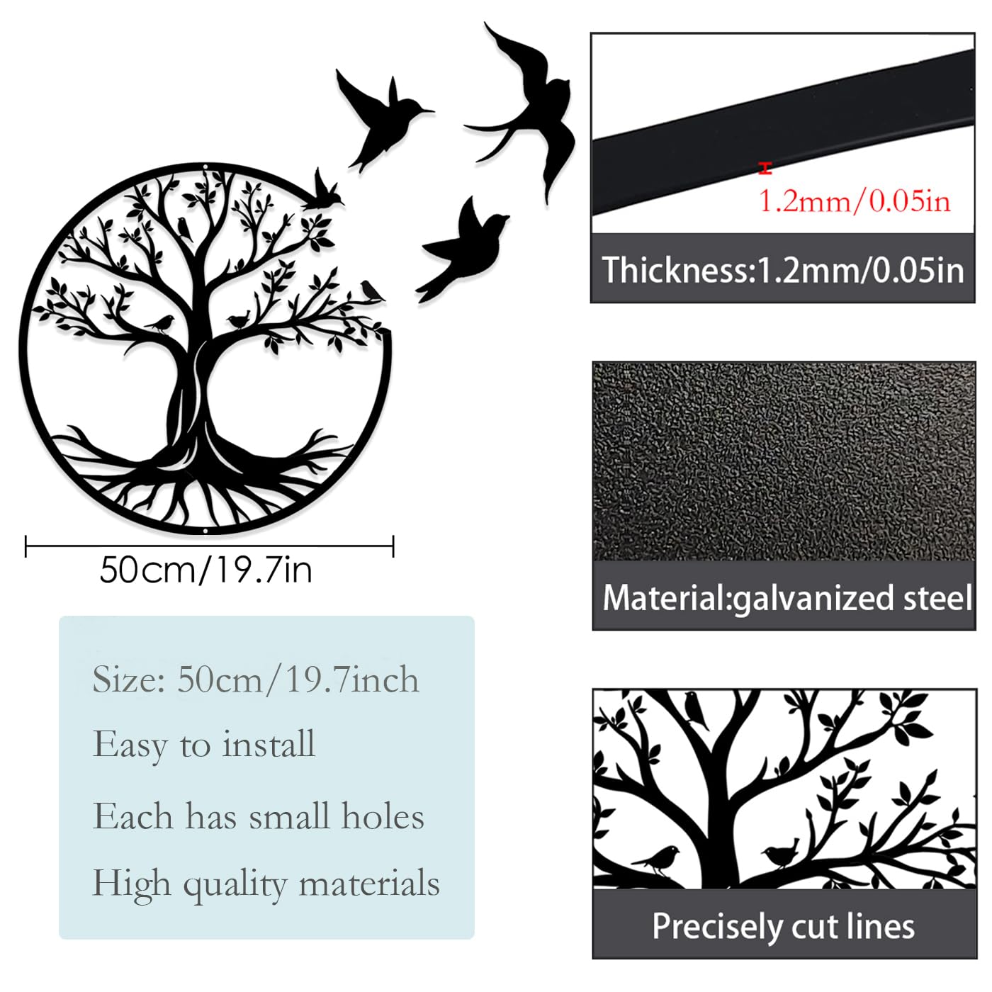 Luccyle Albero Della Vita In Metallo Decorazione Murale, Decorazione da Parete Nera Silhouette Wall Art, per Regalo Presente Decorazione Della Casa Del Giardino Esterno Dell'interno (50CM)