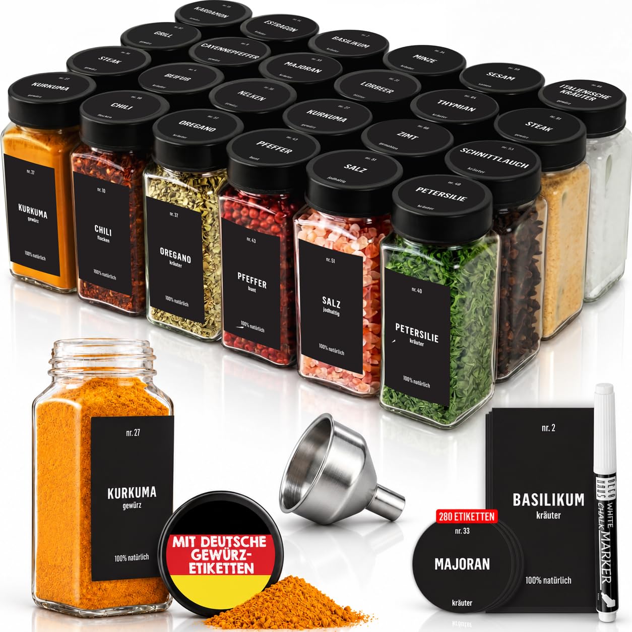 Deco haus Gewürzgläser Eckig Luftdicht - 24 Set Gewürzdosen + 280 Etiketten | Gewürzbehälter Spice Jars - Gewürze Aufbewahrung - Gewürzgläser mit Streueinsatz