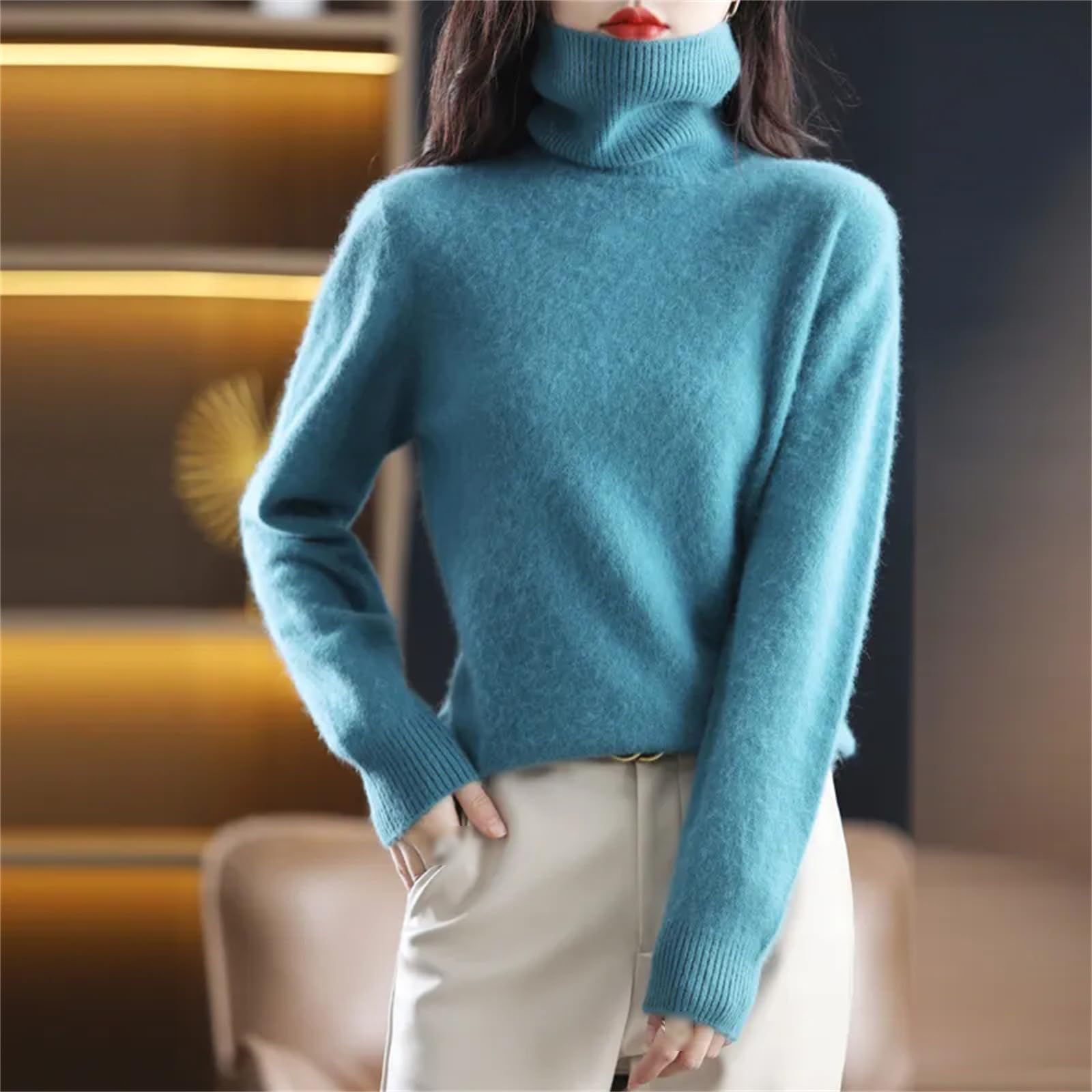 Maglione Cappotto alla Moda Autunno E Inverno da Donna Caldo Top in Visone con Risvolto Alto