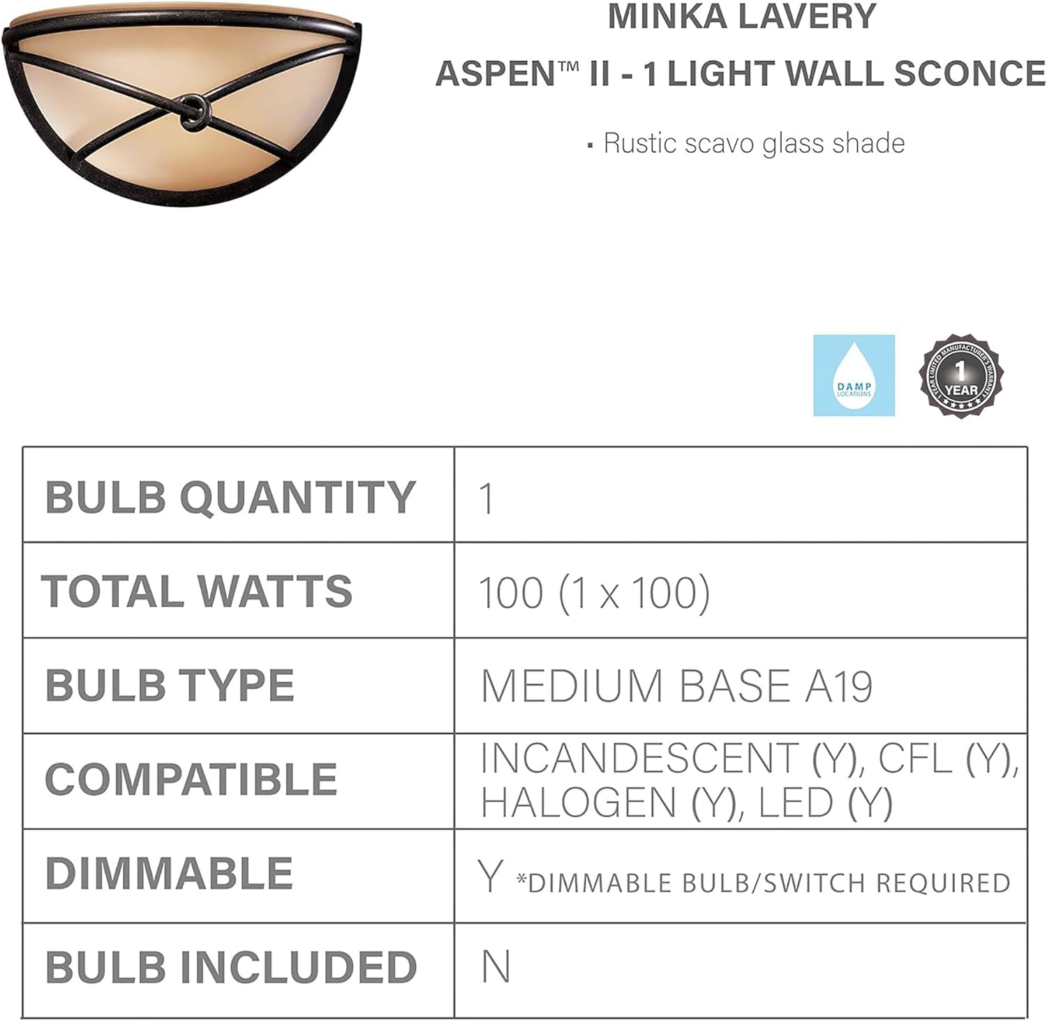 Minka Lavery 1971-138 Aspen II Wall Sconce, 1-Light, 100 Total Watts, 12.75-in H x 6.5-in W, Aspen Bronze