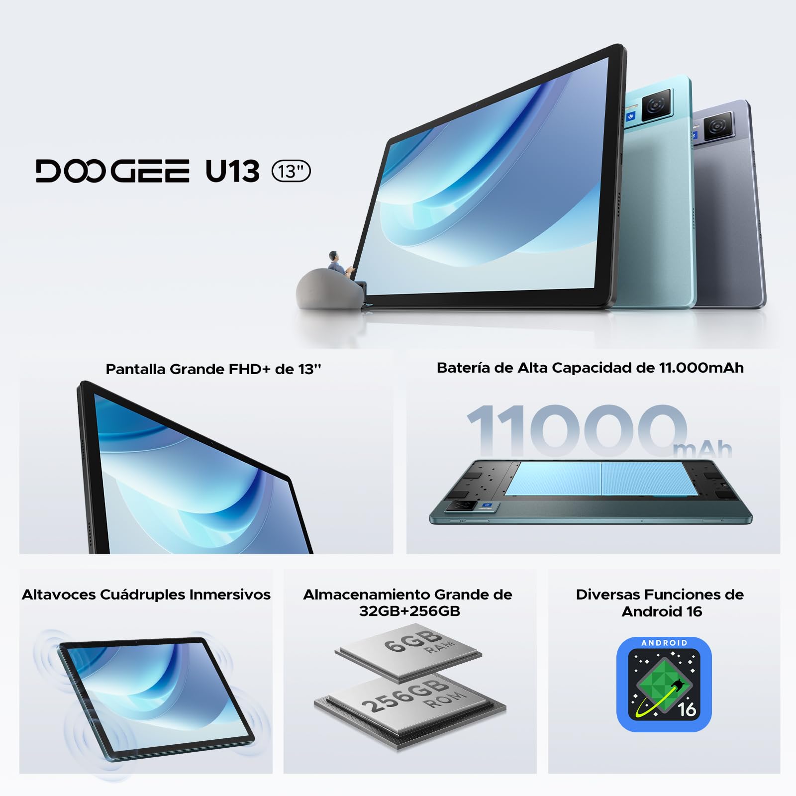 U13 Tablet 13 Pulgadas FHD+ 90Hz, Tablet Android 16 Batería 11000mAh,32GB+256GB/2TB, Procesador Octa-Core Tablets, Gemini AI/Widevine L1, 13MP/5G WiFi/Face ID/GPS/OTG