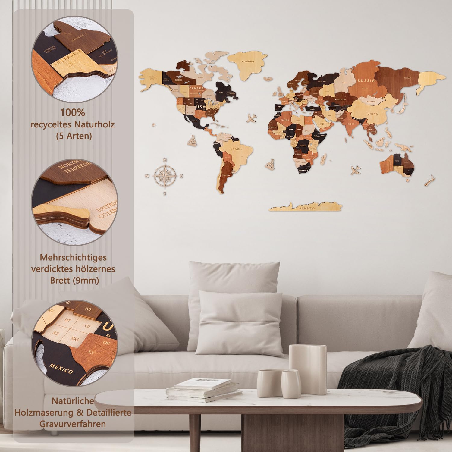 Creawoo 3D Weltkarte Wand Holz Weltkarte Wanddekoration, Wanddeko Wandkunst für Haus, Büro, Schlafzimmer, Holzkarte der Welt, Reisekarte für Wand, Eine Geschenkidee-150x85cm