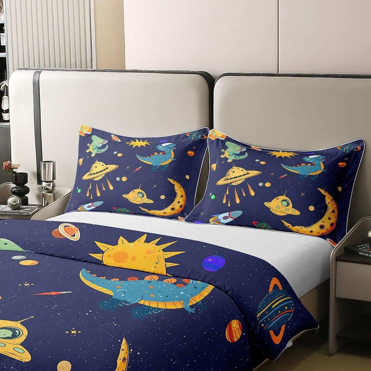Cartoon Dinosaur Duvet Cover Universe Rocket Spaceship Bedding Set for Kids Teens Room Decor Trippy Moon Sun Comforter Cover Starry Galaxy Quilt Cover Twin Size,1 Pillowcase(Not Comforter)