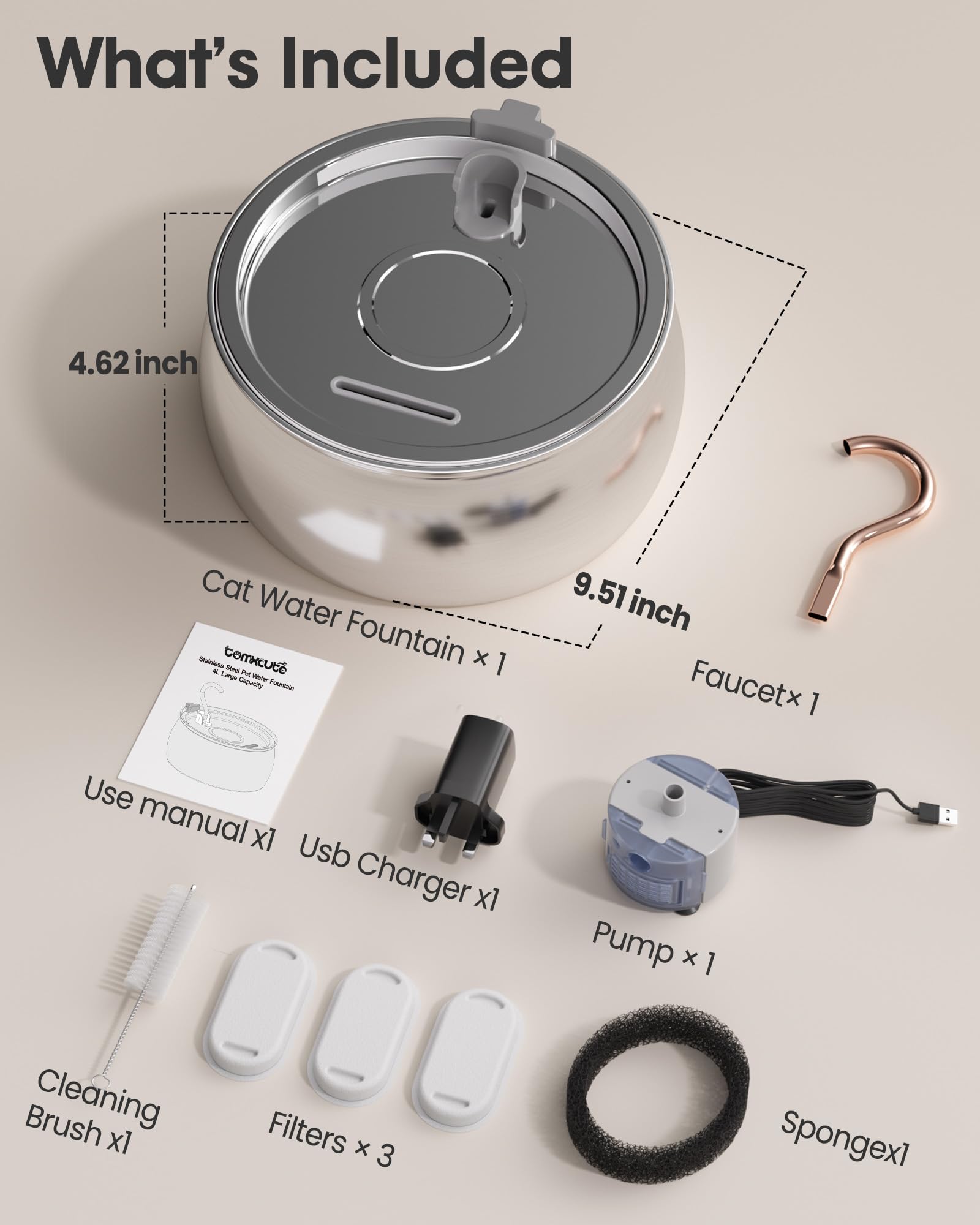 Tomxcute Fontana d'acqua per gatti, 4,0 l, dispenser automatico in acciaio inox per cani, pompa ultra silenziosa e 3 filtri di ricambio per gatti, cani, animali domestici
