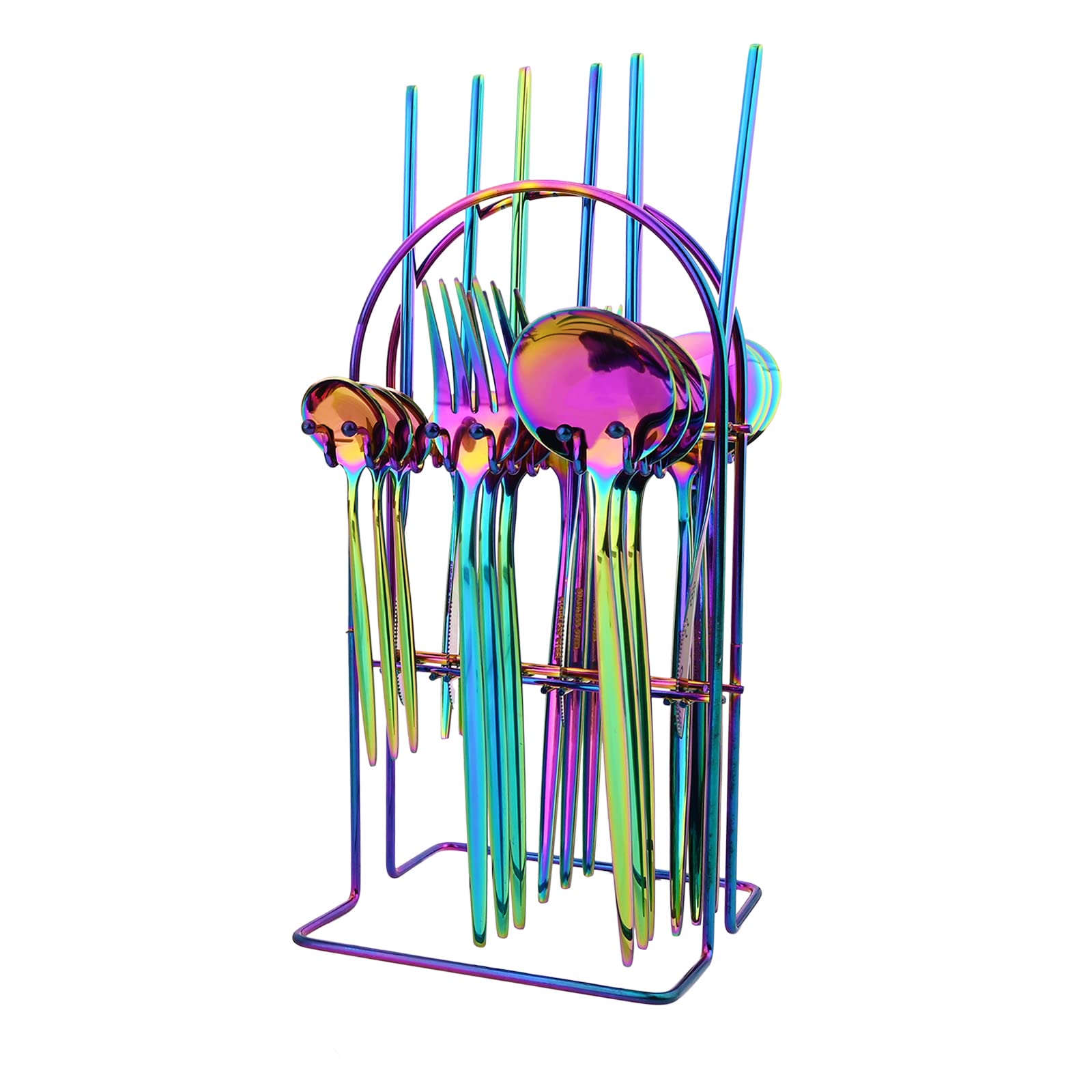 24-Piece Mirror Rainbow Cutlery Set, Snplowum Stainless Steel Flatware Hanging Tableware Silverware Set Include Knife/Fork/Spoon/Teaspoon and Storage Rack For Daily Use, Service For 6