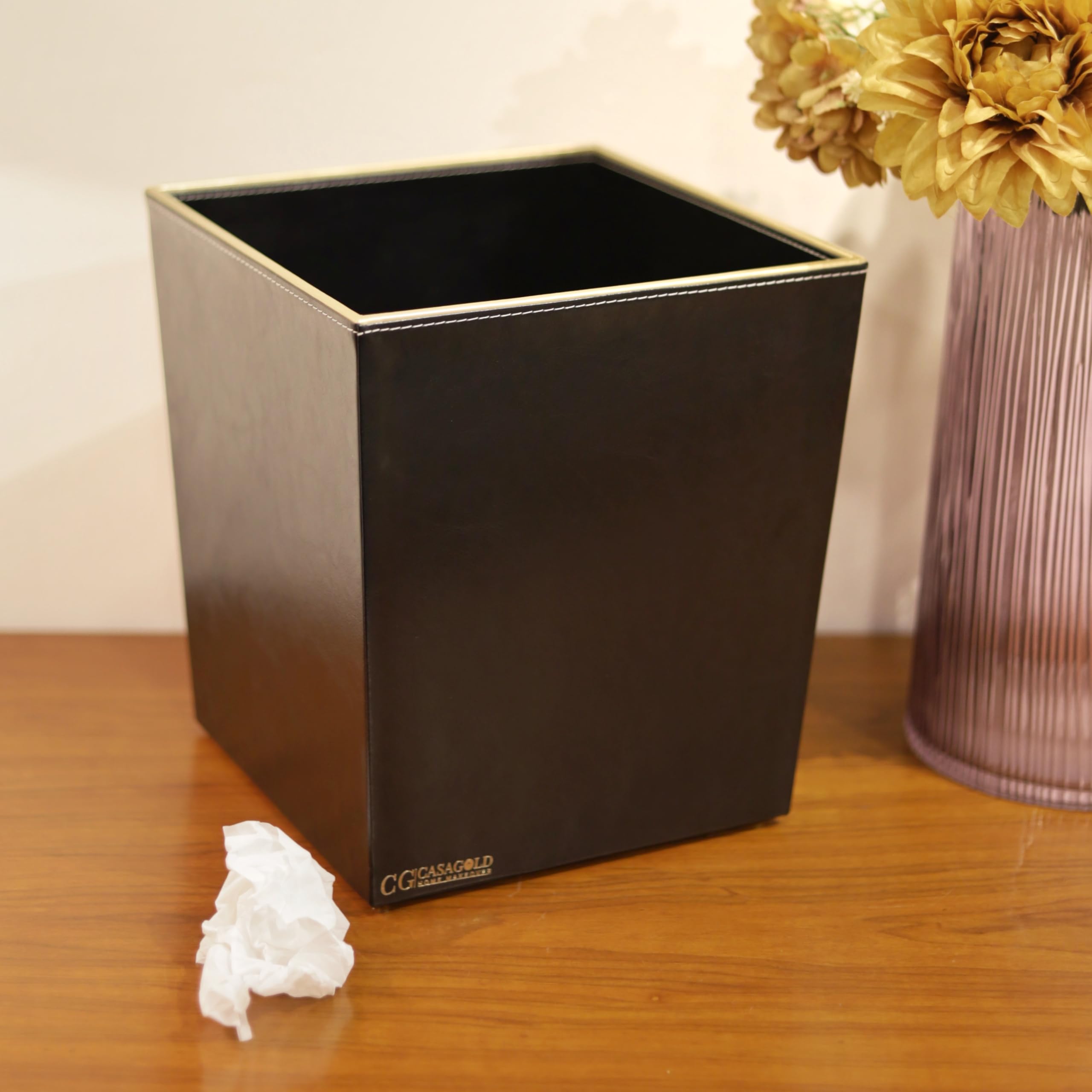 CasaGold Small Square Classic PU Leather Dustbin I Wastebasket, Garbage Container Bin | Dustbin Waste Paper Baskets Elegant Home, Office, Bathroom High Class Hotel Decor Utility (Black Dustbin)-image-36
