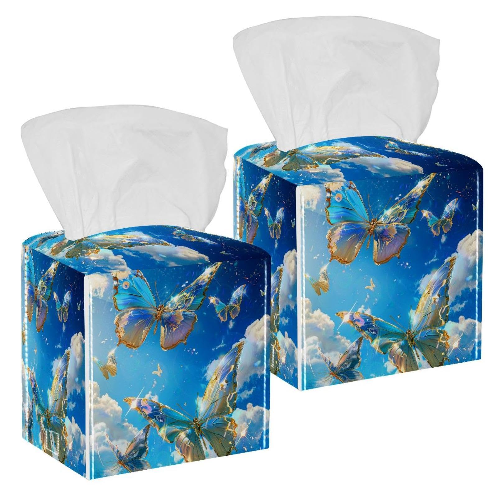 Butterfly under Blue Sky Tissue Box Cover, 2 Pack PU Leather Square Facial Tissue Dispenser Box holder for Home Office Car