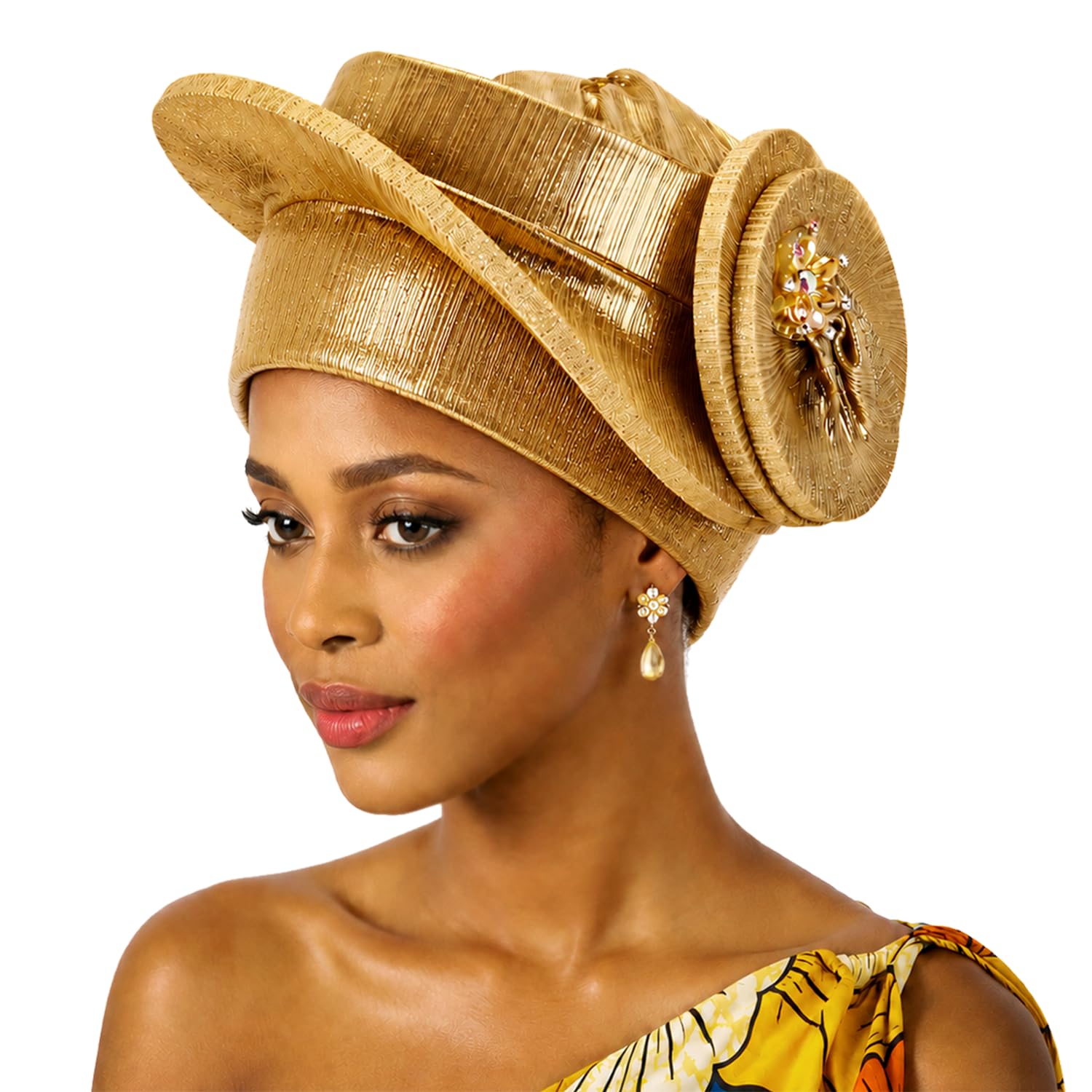 African Girl Headscarves Hats, Black Women's Turban Caps Headwear, Church Hats, Nigerian Wedding and Party Hair Accessories，Gold