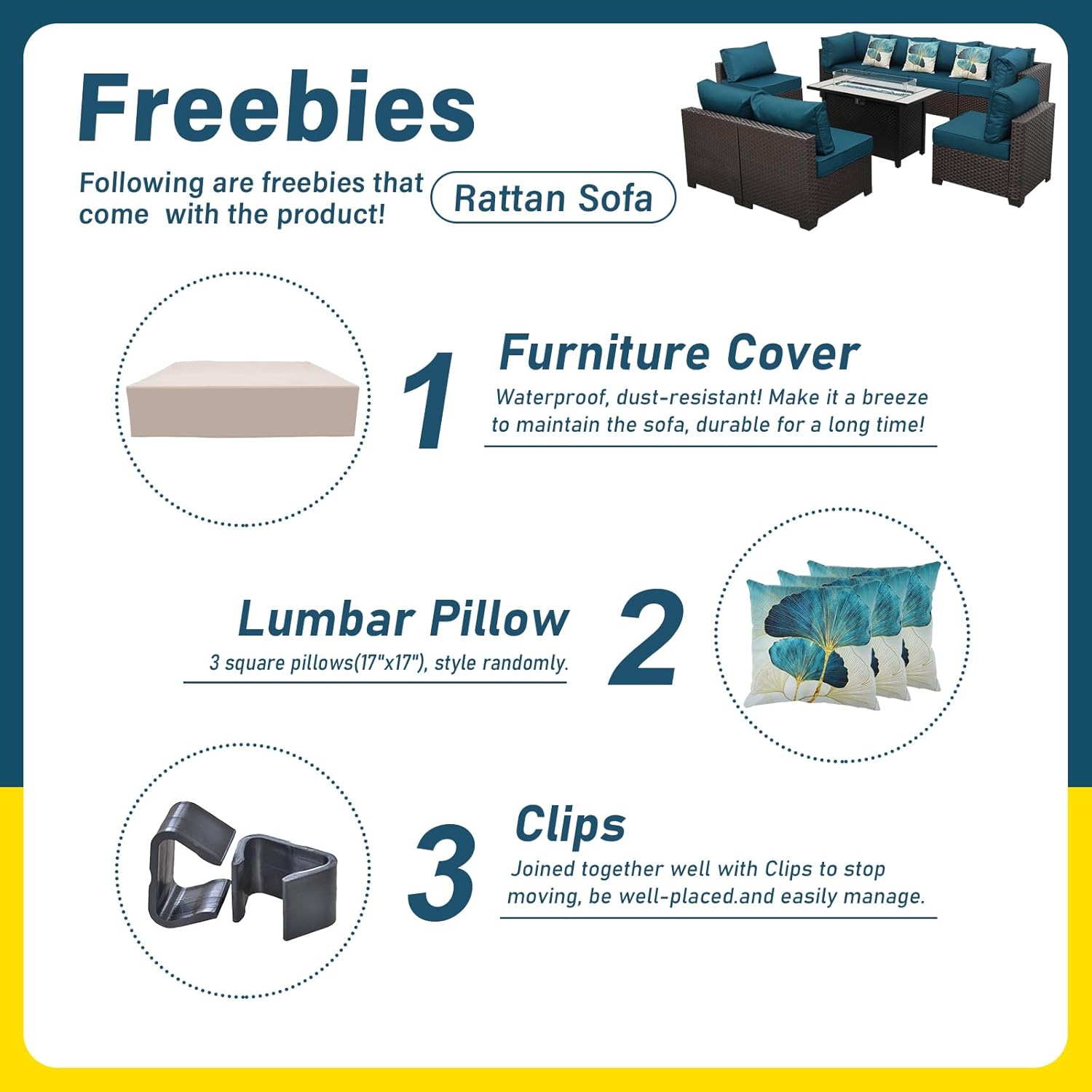 9 Pieces Wicker Patio Furniture Set Outdoor PE Rattan Sectional Conversation Sofa Set with Peacock Blue Cushions and 45 Gas fire Pit Table