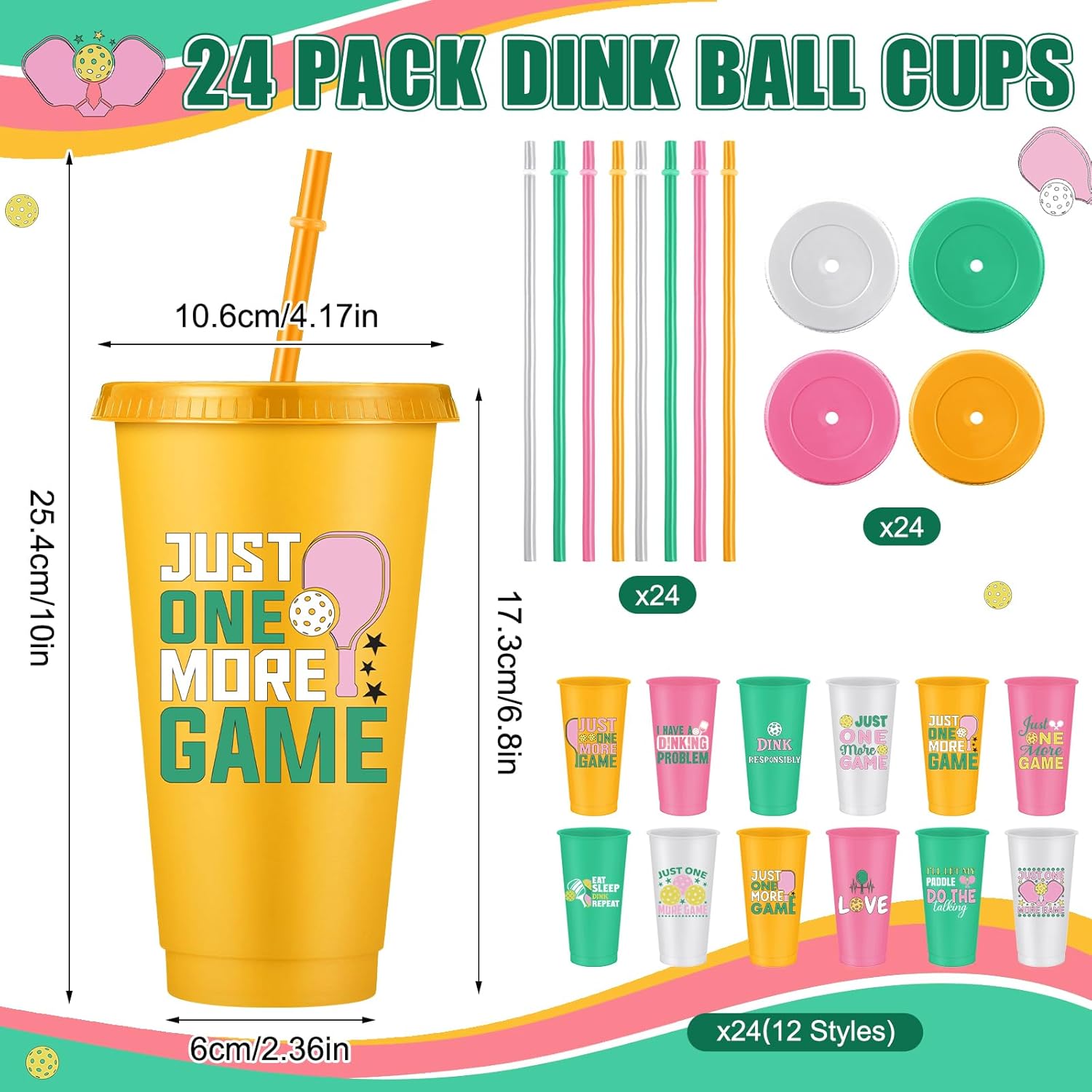 Skylety 24 Pcs Dinkball Plastic Tumblers with Lids and Straws 24 oz Reusable Iced Coffee Travel Mug Cup Bulk for Christmas Dinkball Lover Gift Accessories Birthday Party Favors Supplies Decorations