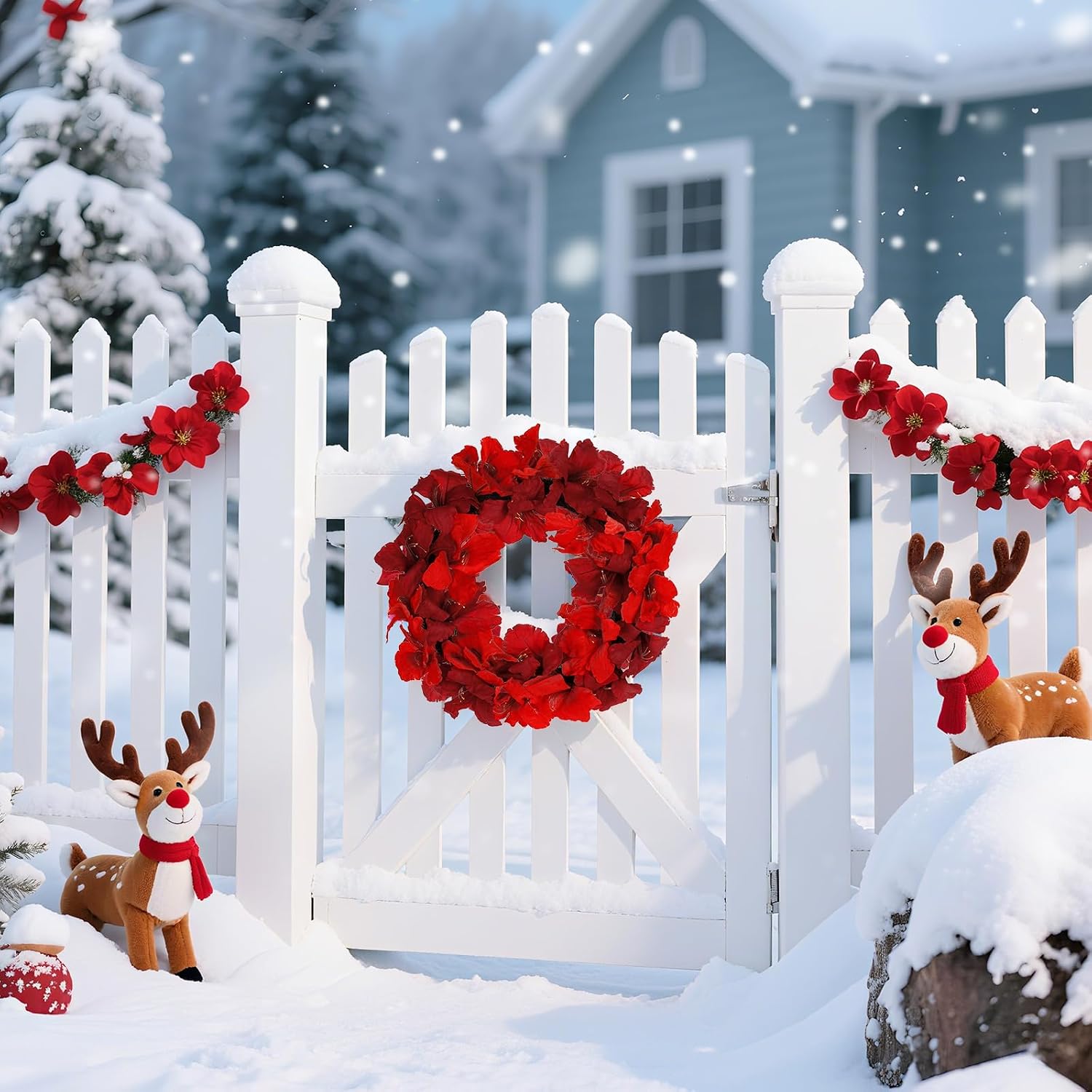 Christmas Wreath, 22-24 Inch Red Amaryllis Floral Wreath for Front Door, Winter Wreath Indoor Outdoor Holiday Decorations for Christmas Winter-unlit