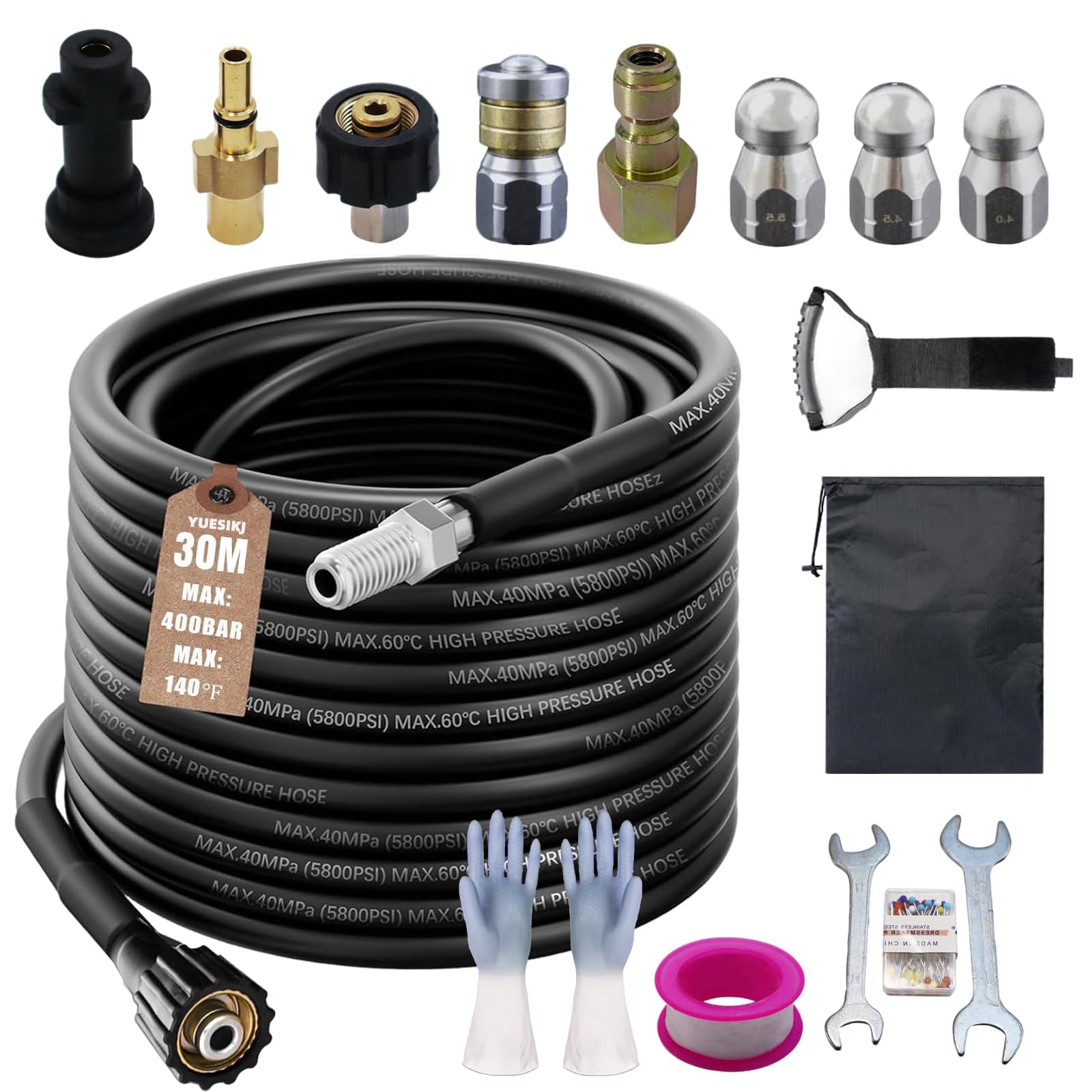 Rohrreinigungsschlauch Set 30m, 5800 PSI / 400 bar, mit Adapter und Düsen
