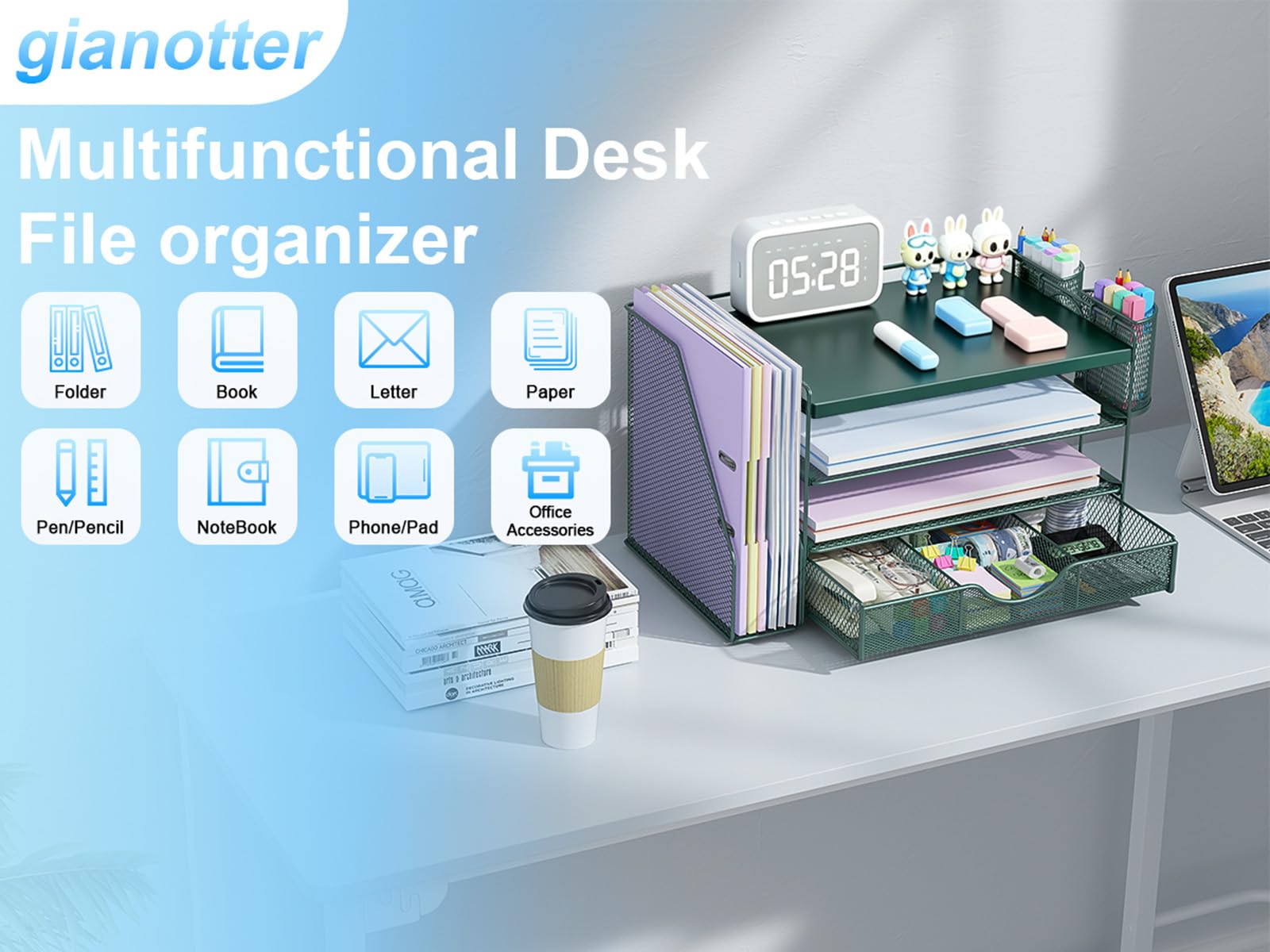 gianotter Desk Organizers and Accessories with File Holder, 4-Tier Desk Accessories & Workspace Organizers with Drawer and 2 Pen Holder, Desk Reference Organizer (Green, 4T with Metal Drawer) view 7