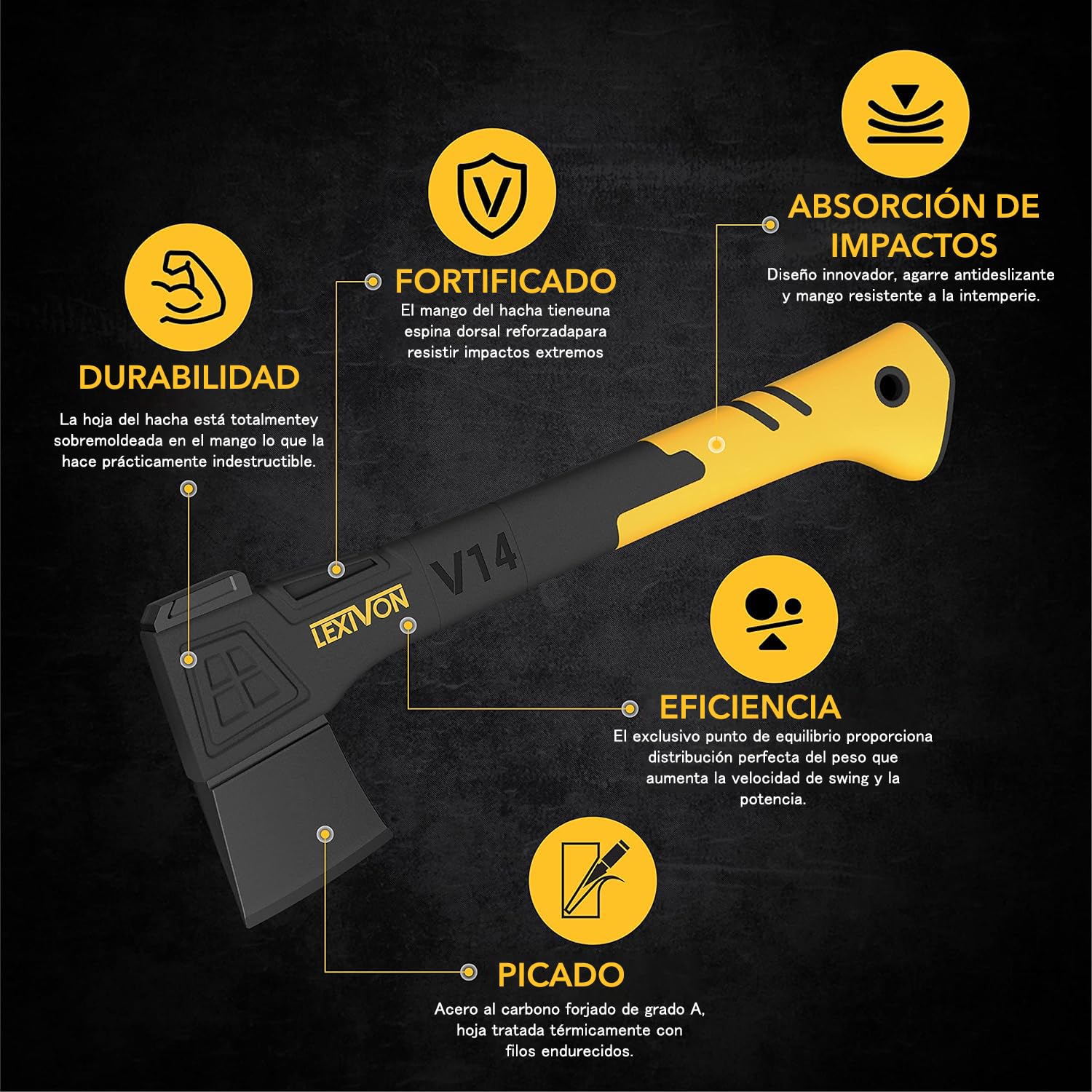 LEXIVON V14 Camping Hacha de 36 CM | Empuñadura TPR ergonómica, Mango Compuesto de Fibra de Vidrio Ligero | Funda Protectora de Transporte incluida [LX-V14]