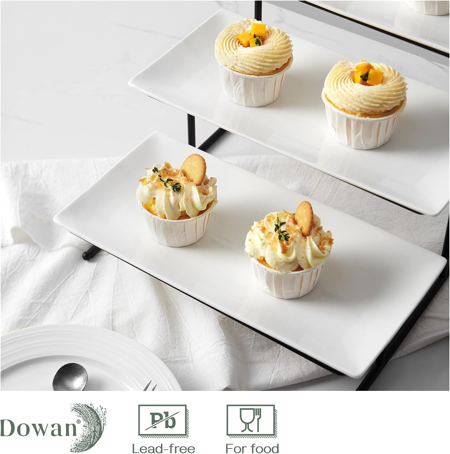 DOWAN 3 Tier Serving Trays with 3 Ceramic Serving Platters, 12" Tier Serving Trays for Cupcake Dessert Appetizer Snacks Display, Rectangular Serving Plate for Party, Easter , White