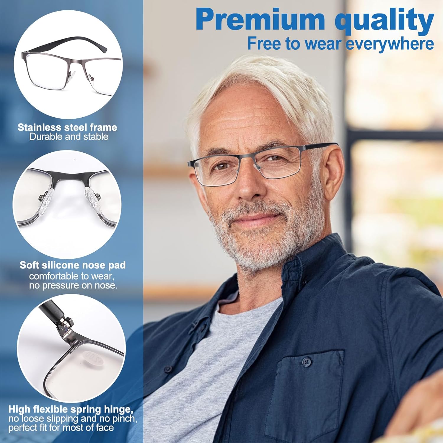 M.A.K 3pcs Reading Glasses Men, Metal Blue Light Blocking Readers, Spring Hinge Computer Readers Eyeglasses - Image 2