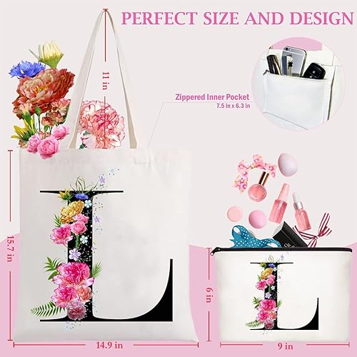 Miniatura 6 de Andeiltech Bolsa de lona con inicial, con letras florales, bolsa de maquillaje personalizada, regalo con monograma para damas de honor, cumpleaños,