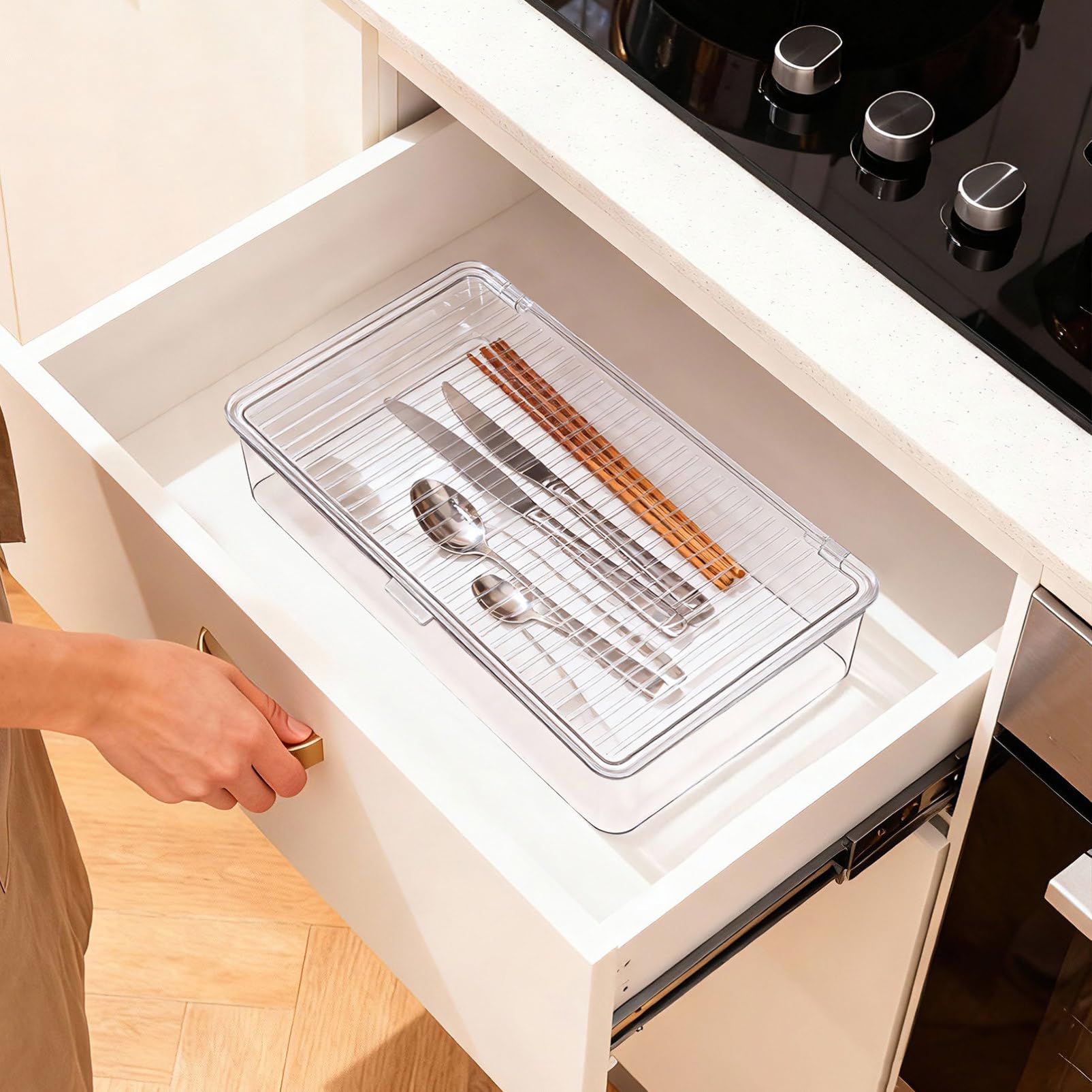 BESTonZON Bandeja Transparente para Cubiertos Organizador De Cajones para Utensilios De Cocina Recipientes para Cubiertos Encimera Palillos Cuchara Tenedor Contenedor De Almacenamiento con