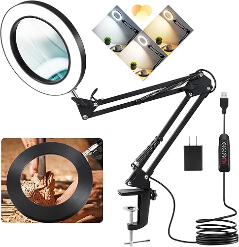 Veemagni - Lupa de 10 veces con luz y abrazadera, 3 modos de color, luz LED de cristal real regulable sin escalones, lámpara de escritorio con brazo