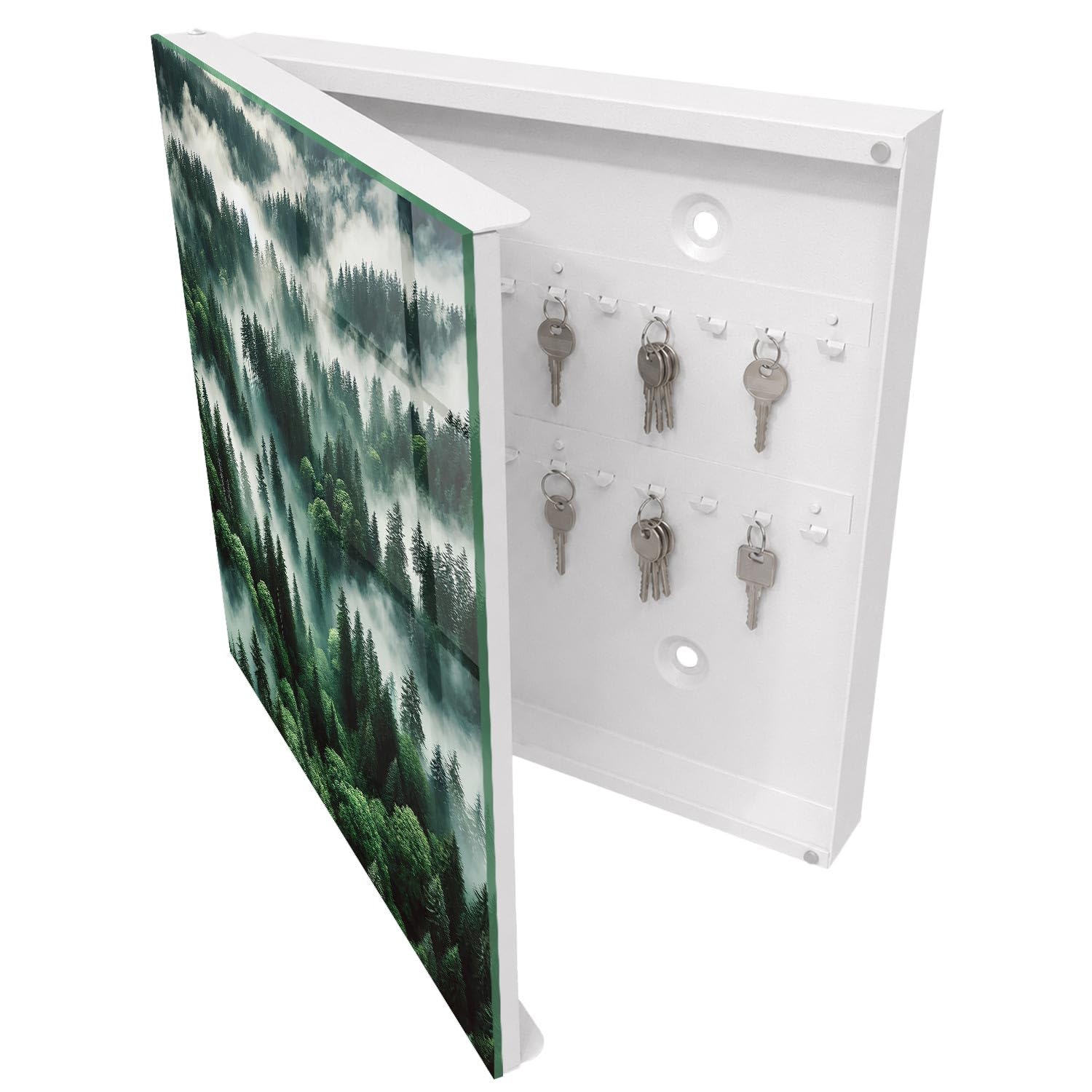 Armadietto Portachiavi 30x30 cm | Bianco | A Sinistra | Montaggio a Parete | Foresta Nebbiosa | per Uffici | Frontale Decorativo in Vetro Temperato | Tasselli e Viti Inclusi | in Metallo