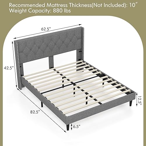 Miniatura 2 de Giantex Base de cama tapizada de tela de lino tamaño Queen, marco de cama moderno con cabecero copetudo con botones, base de colchón de listones de