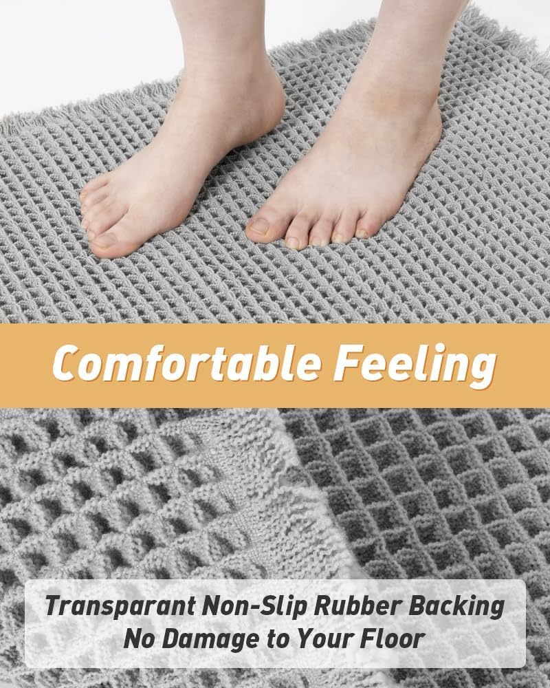 AMOAMI Upgraded Waffle Bath Mat, Super Absorbent Non Slip Bath Mats for Bathroom Floor, Washable Bathroom Rugs with Tassels, Rubber Backed Bathroom Mats, Ultra Soft, 20" x 32", Light Grey