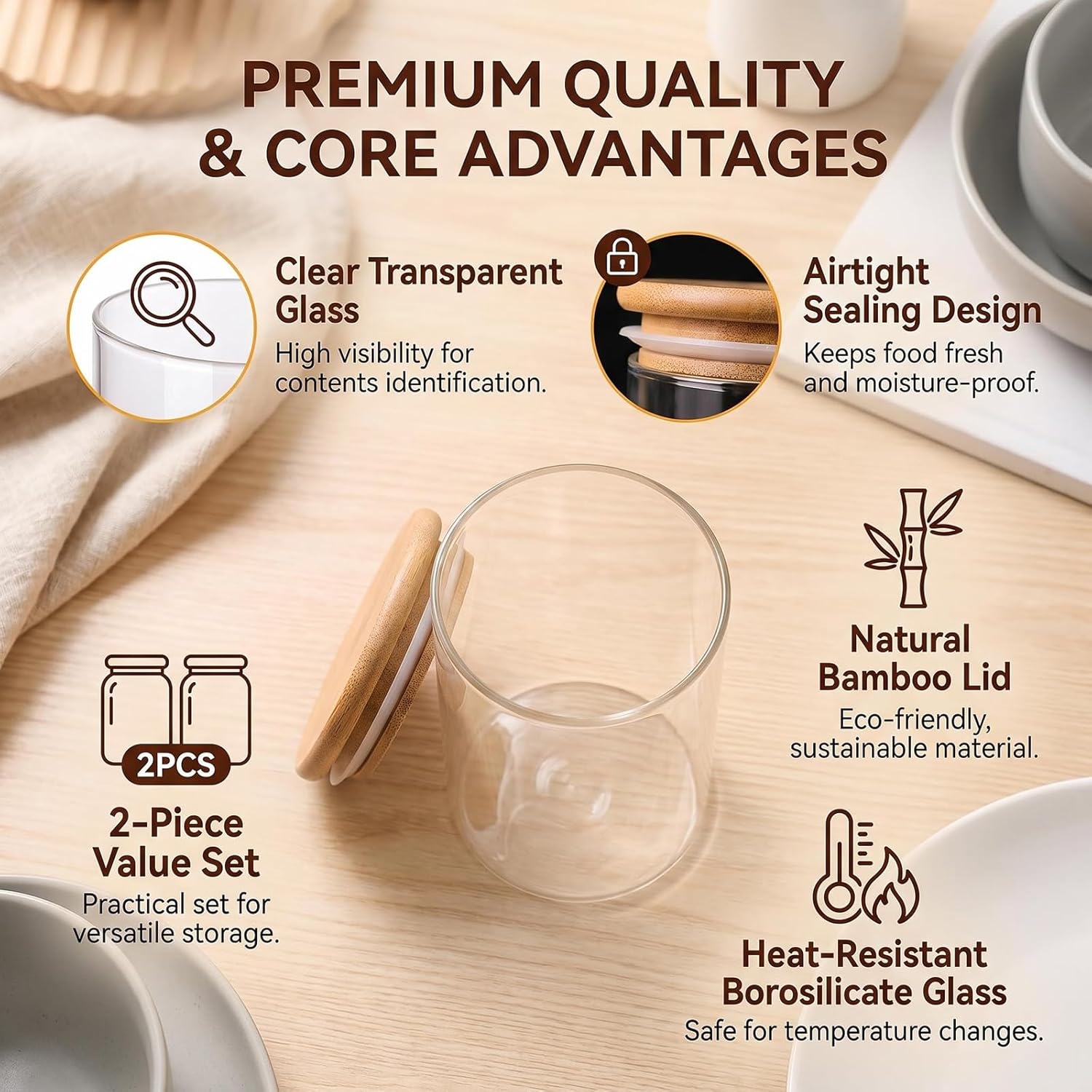 2 Pack 350ml 12oz Glass Jar Storage Container Airtight Glass Storage Canister with Wood Lid Food Storage Container Jar Glass Kitchen Canister for Tea Coffee Candy Snacks Spice(Clear)