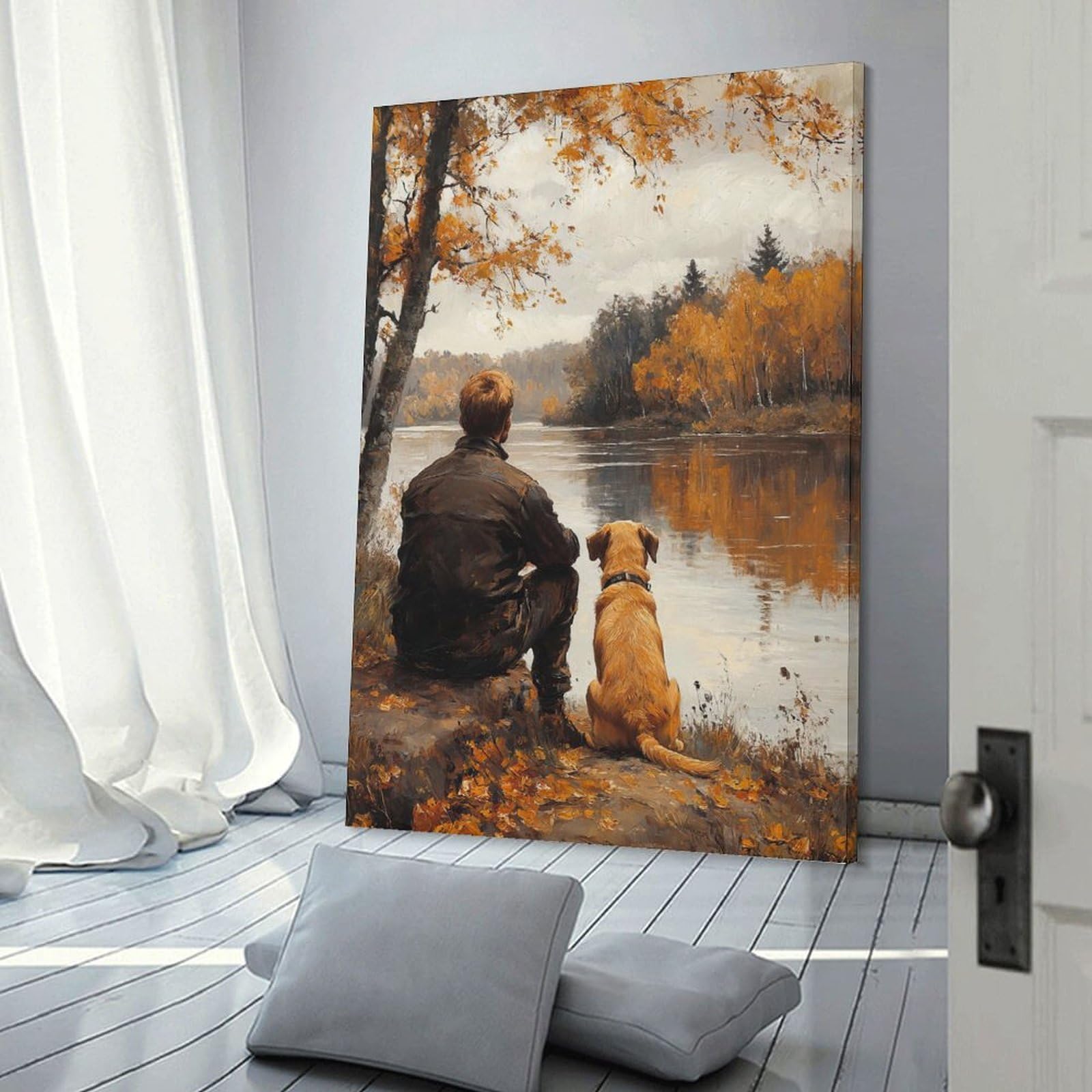 Junmoney Frame-Style-2 Man And Dog By The River Canvas Wall Art 24X36inch(60X90cm), For Workspace Walls, Study Corners Or Bedrooms, Wall Art That Adds Style To Work Areas