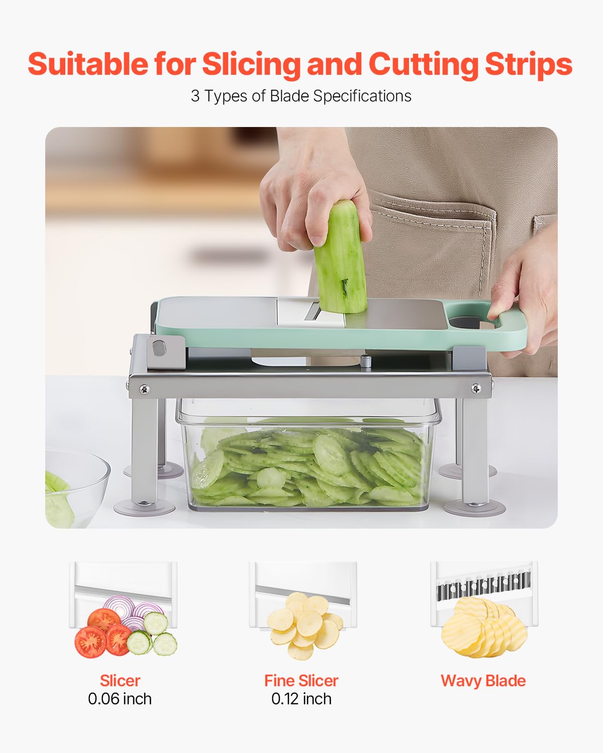 VEVOR Gemüseschneider, Mandolinenschneider, All-in-1-Gemüseschneider mit 8 Edelstahlklingen, Käsereibe, Zwiebel- & Kartoffelsalatschneider mit Behälter, Küchenhelfer & wichtige Haushaltsgeräte