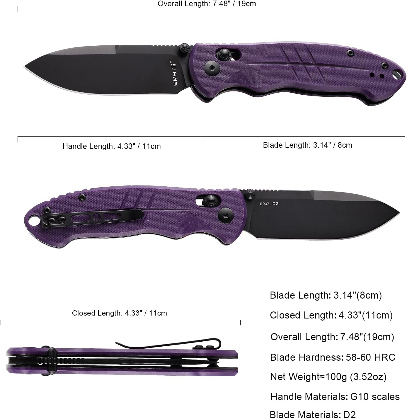 D2 Steel Folding Pocket Knife with Reversible Clip: 3.14" Drop Point Blade, Crossbar Axis Lock, G10 Handle, EDC Knives Camping for Men Women E037, Purple