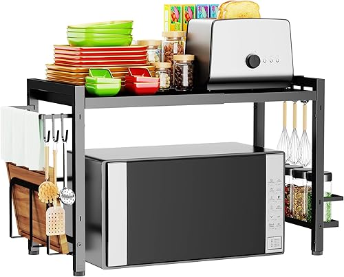 Estante para horno de microondas, soporte de microondas expandible para encimera, utensilios de cocina, almacenamiento de vajilla, acero al carbono