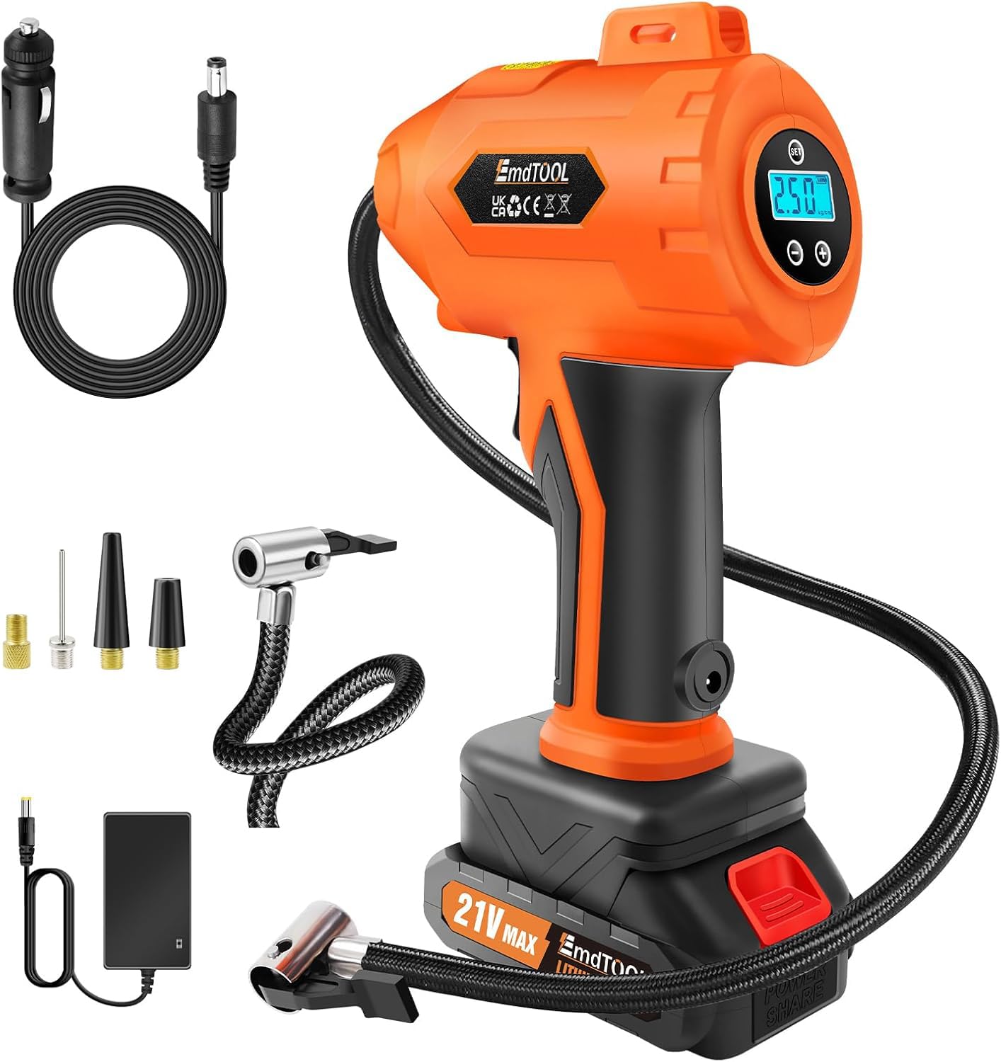 Tire Inflator Portable Air Compressor,Tire Inflator 21V, 12V DC Cable Inflatable 180PSI Max Powered Portable Pump, with Digital Pressure Gauge